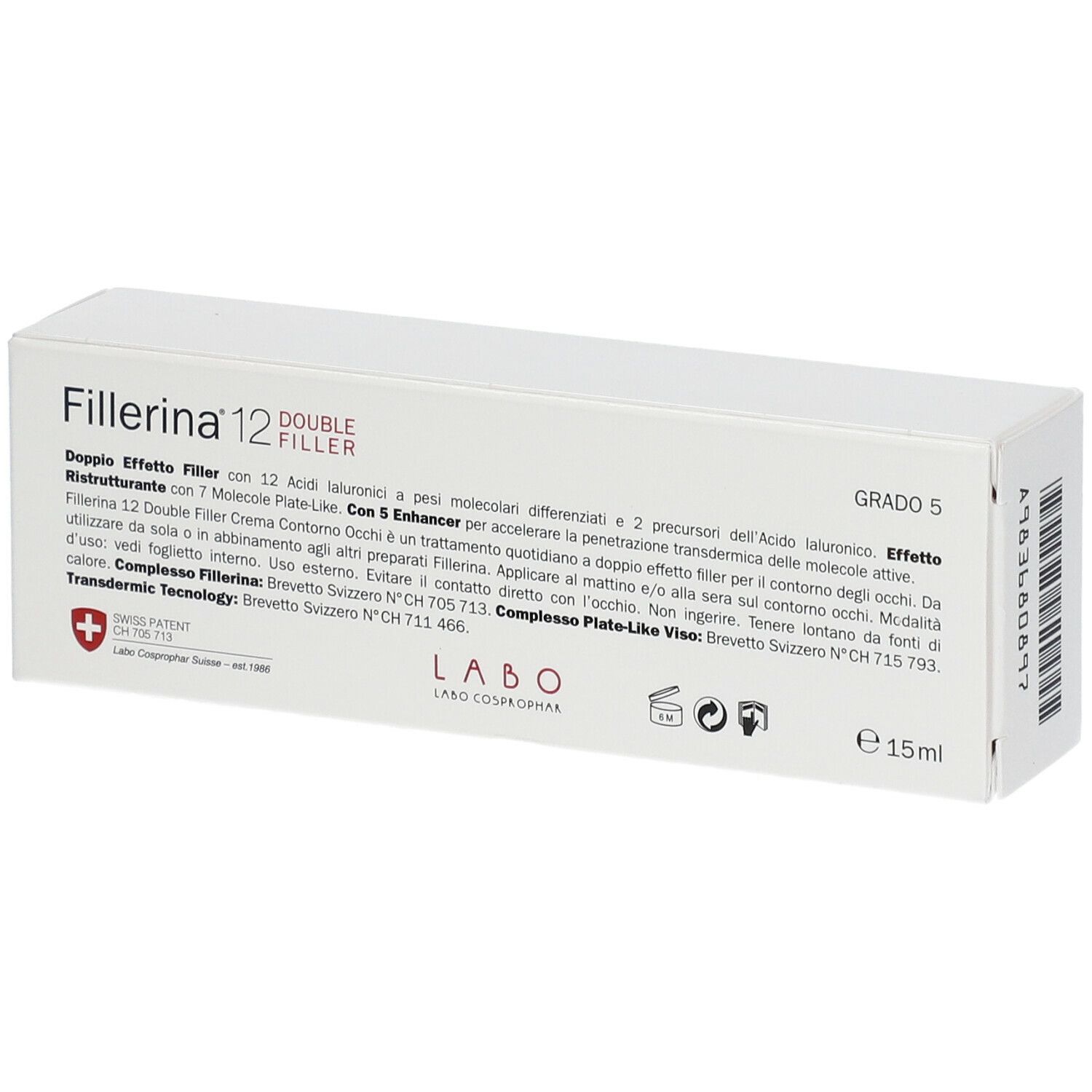 Scatola bianca con informazioni prodotto e logo. Scritta Fillerina 12 Double Filler. Grado 5. E 15ml.