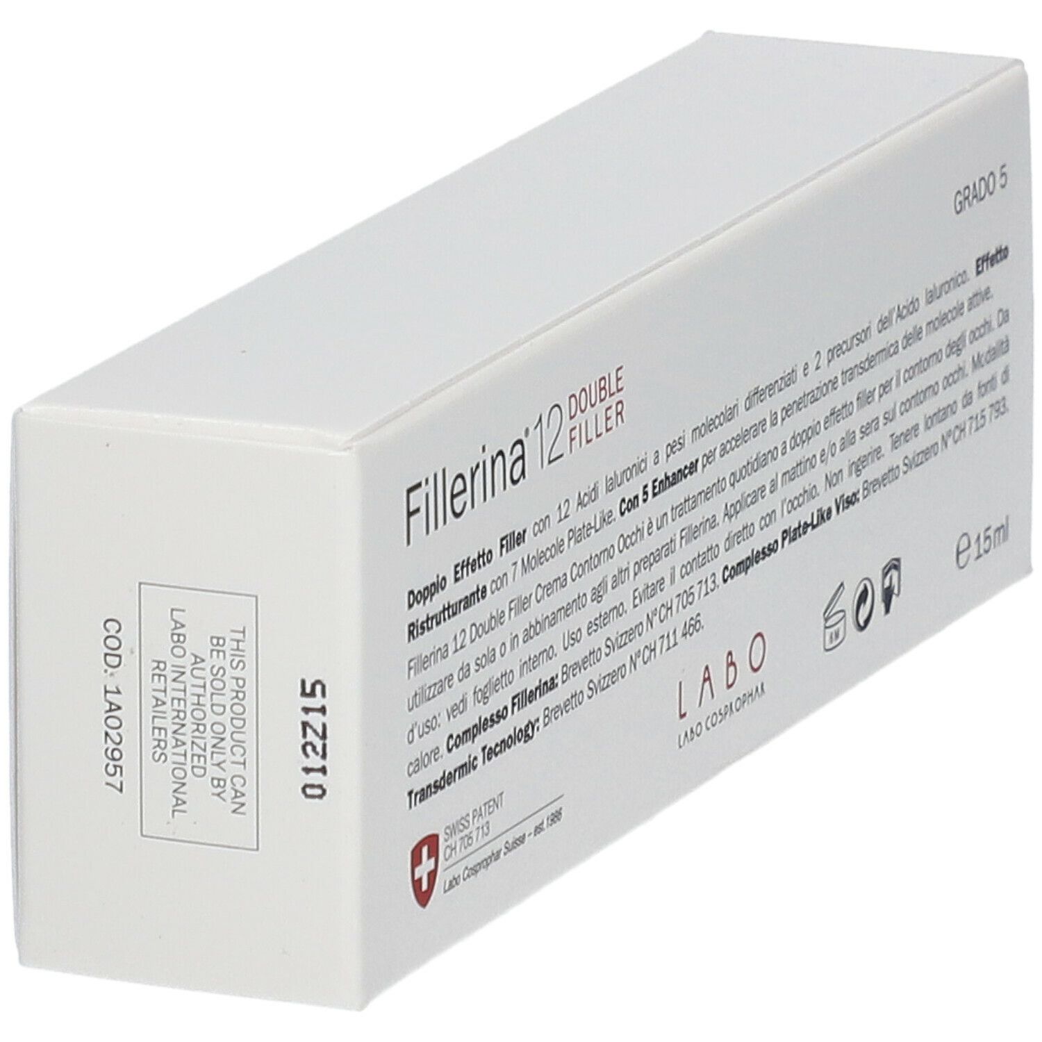 Scatola bianca con informazioni prodotto e logo. Scritta Fillerina 12 Double Filler. Grado 5. E 15ml.