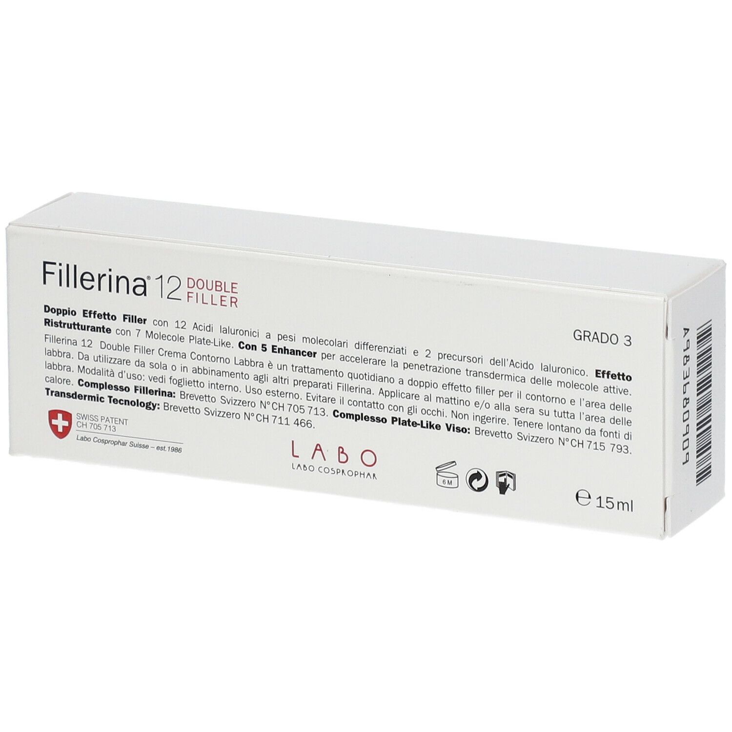 Confezione bianca con informazioni sul prodotto e logo "Fillerina 12". Visibili anche "Double Filler" e "Grado 3".