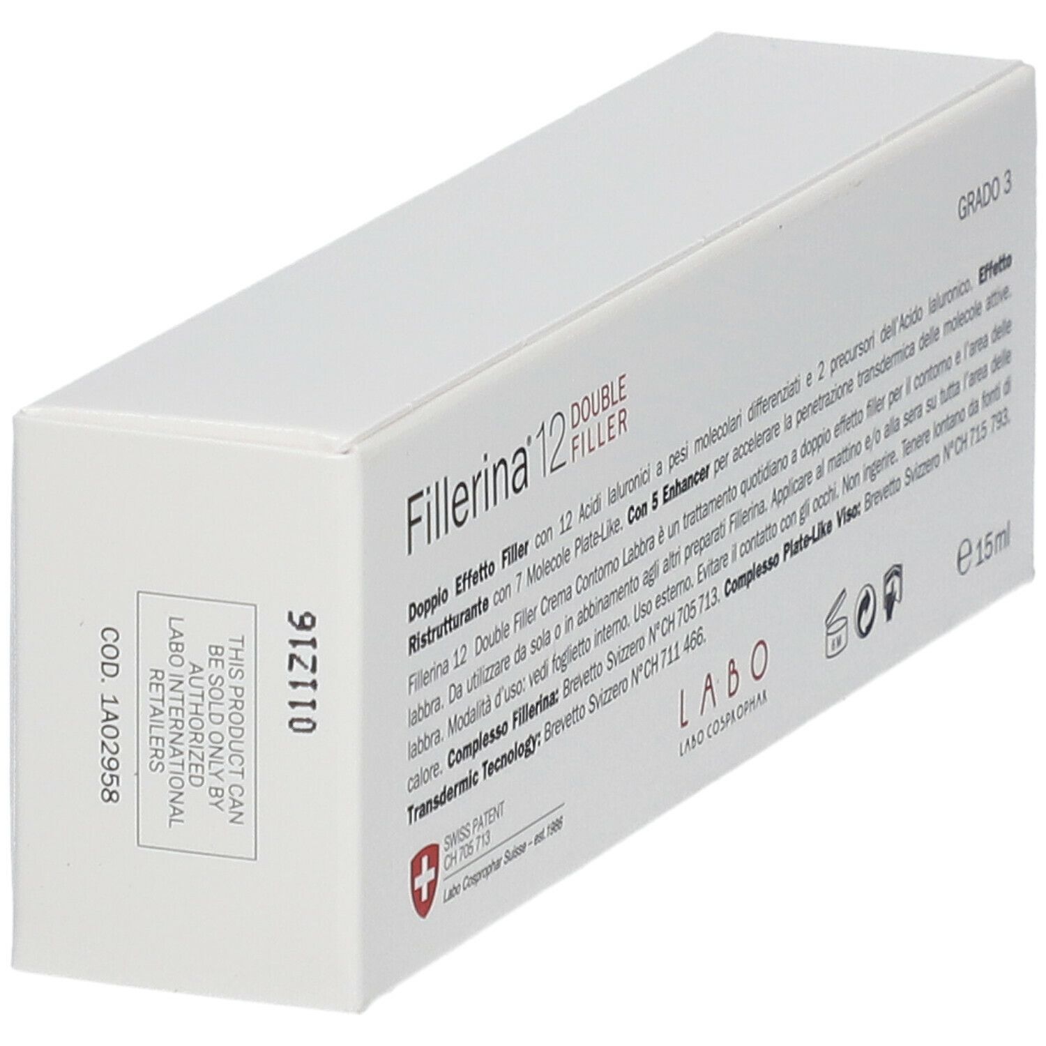 Confezione bianca con informazioni sul prodotto e logo "Fillerina 12". Visibili "Double Filler" e "Grado 3".