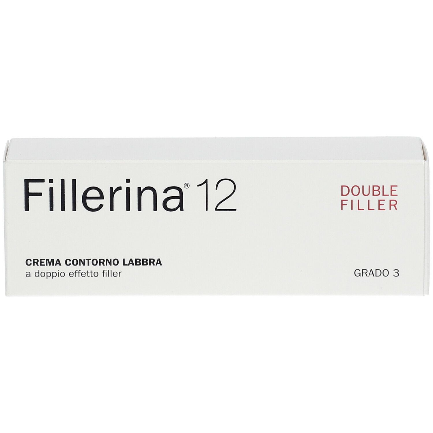Confezione bianca con logo "Fillerina 12" e nome del prodotto. Visibili anche "Double Filler" e "Grado 3".