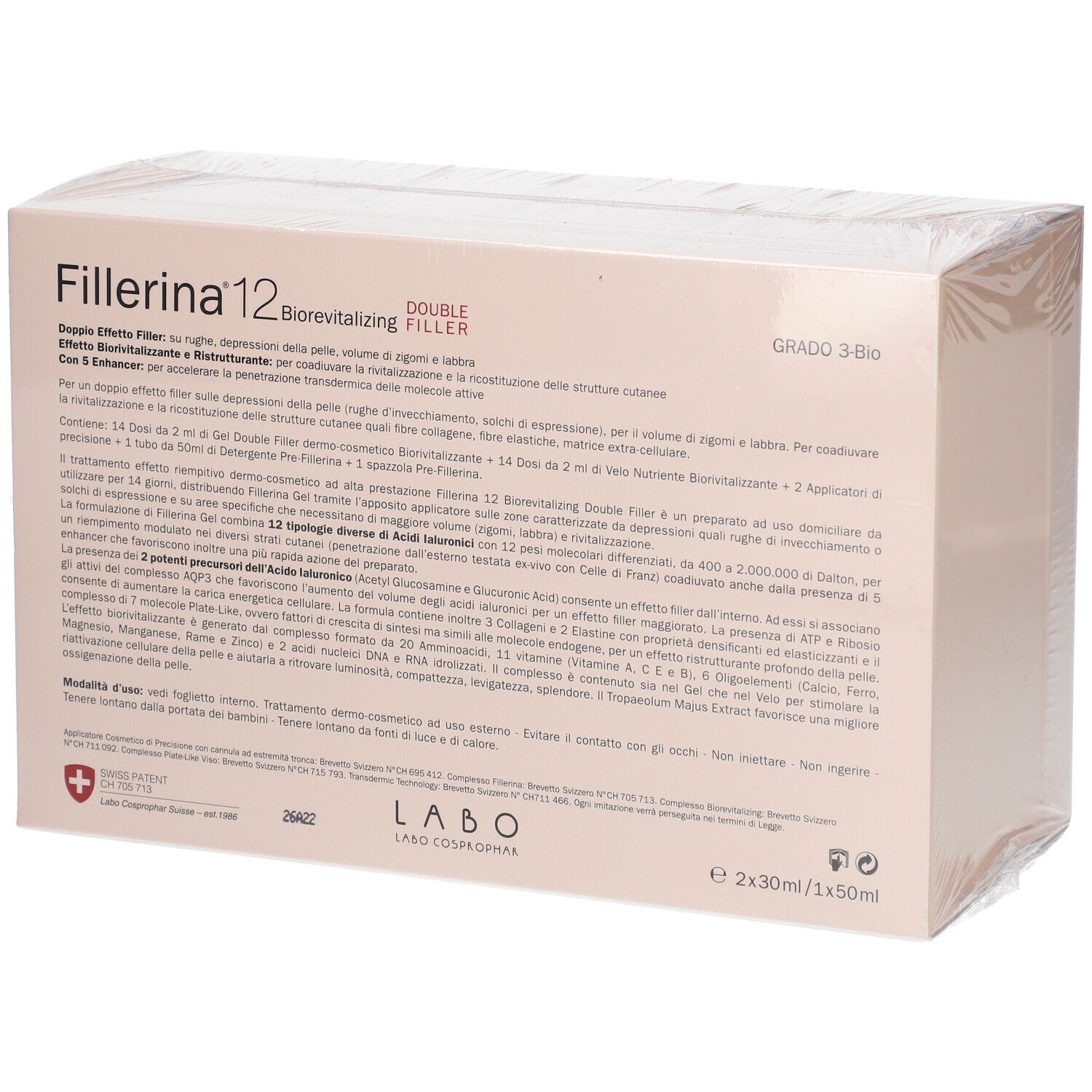 Confezione con informazioni sul prodotto. Scritta: Fillerina 12 Double Filler Biorevitalizing. Grado 3 Bio. Logo LABO.