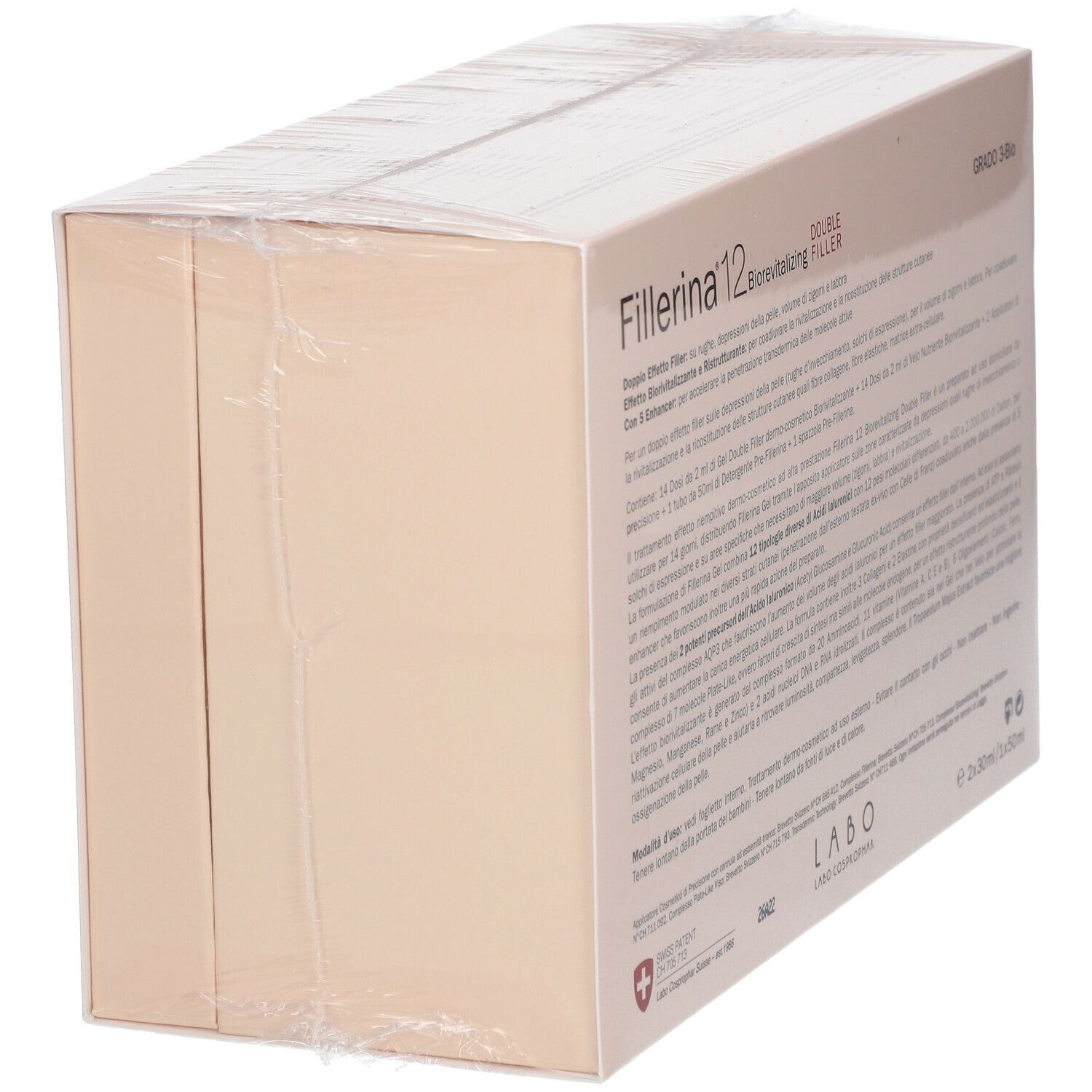 Confezione del prodotto, vista obliqua dall'alto. Scritta: Fillerina 12 Double Filler Biorevitalizing. Logo LABO.
