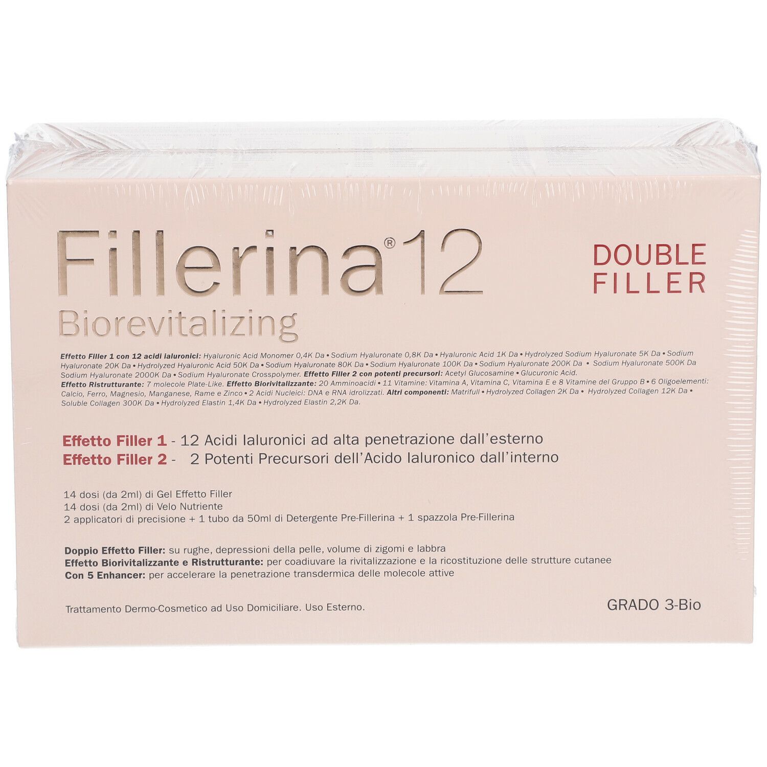 Confezione del prodotto con scritta: Fillerina 12 Double Filler Biorevitalizing. Grado 3 Bio. Informazioni sul prodotto.