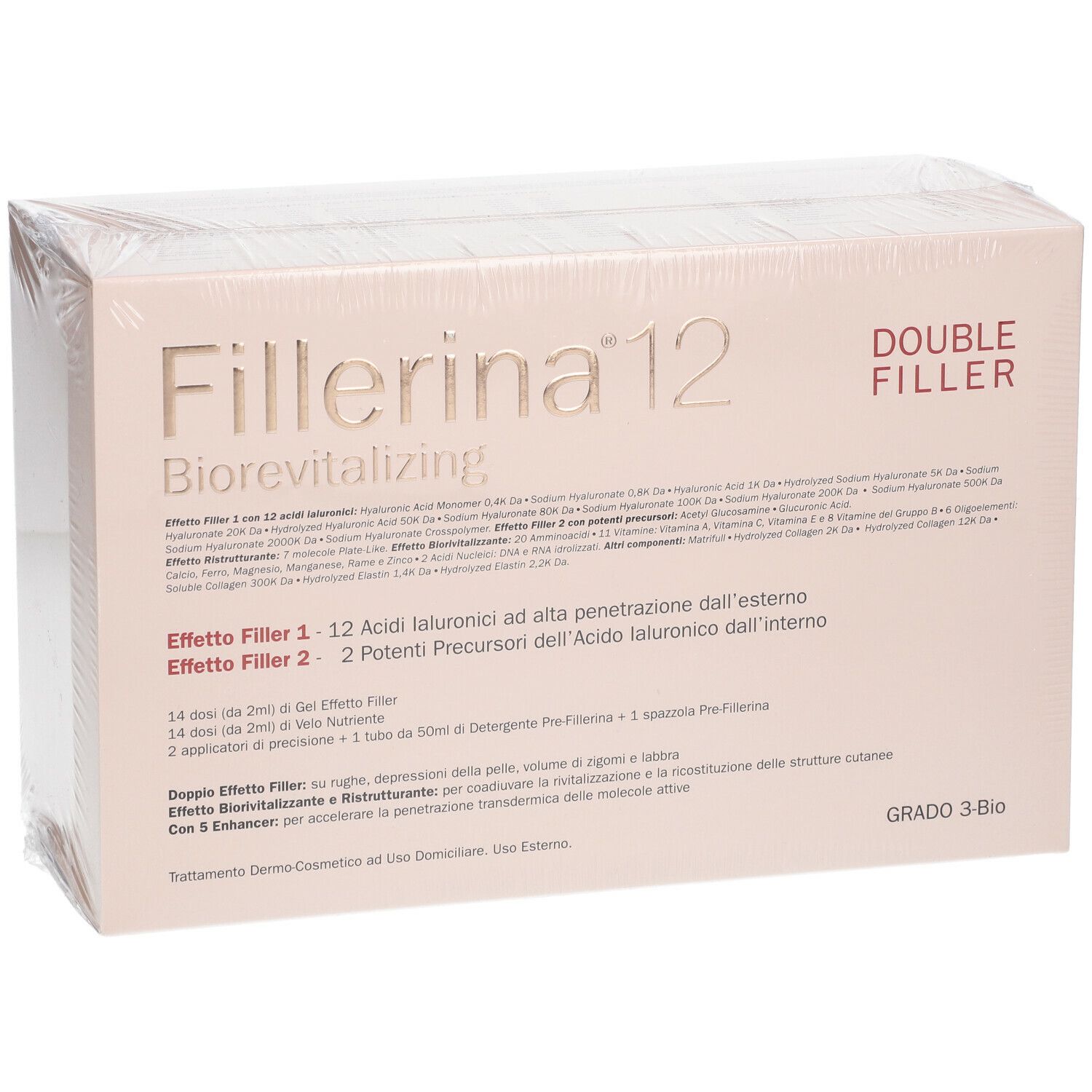Confezione del prodotto con scritta: Fillerina 12 Double Filler Biorevitalizing. Grado 3 Bio. Informazioni sul prodotto.