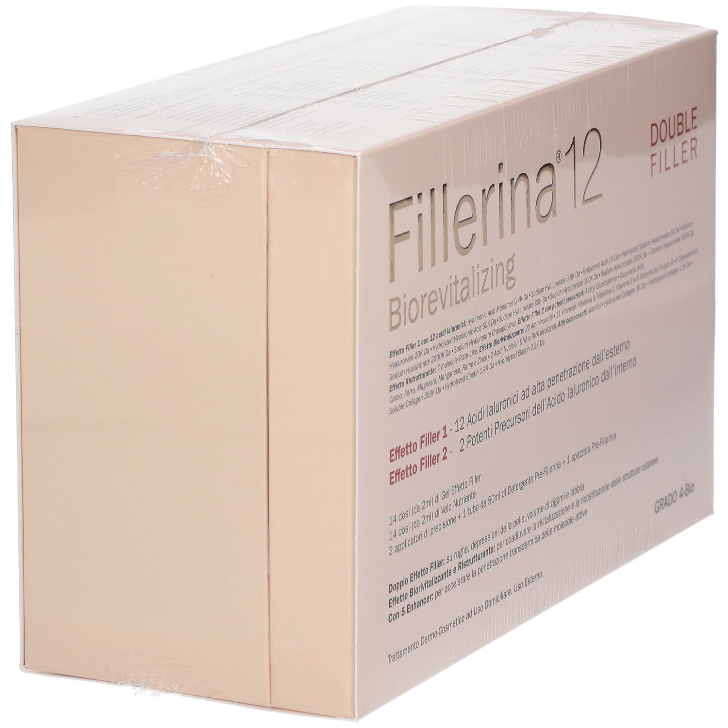 Confezione di Fillerina® 12 Double Filler Biorevitalizing. Scatola beige con testo e nome prodotto. Pellicola trasparente.