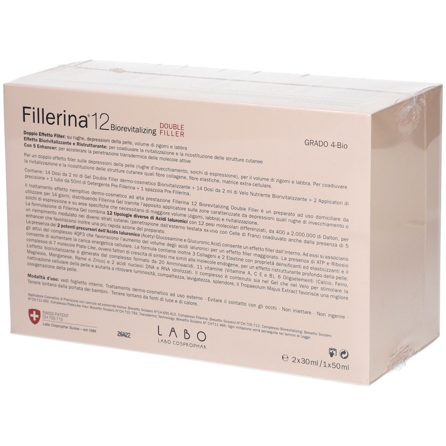 Confezione di Fillerina® 12 Double Filler Biorevitalizing. Scatola beige con testo e nome prodotto. Logo LABO.