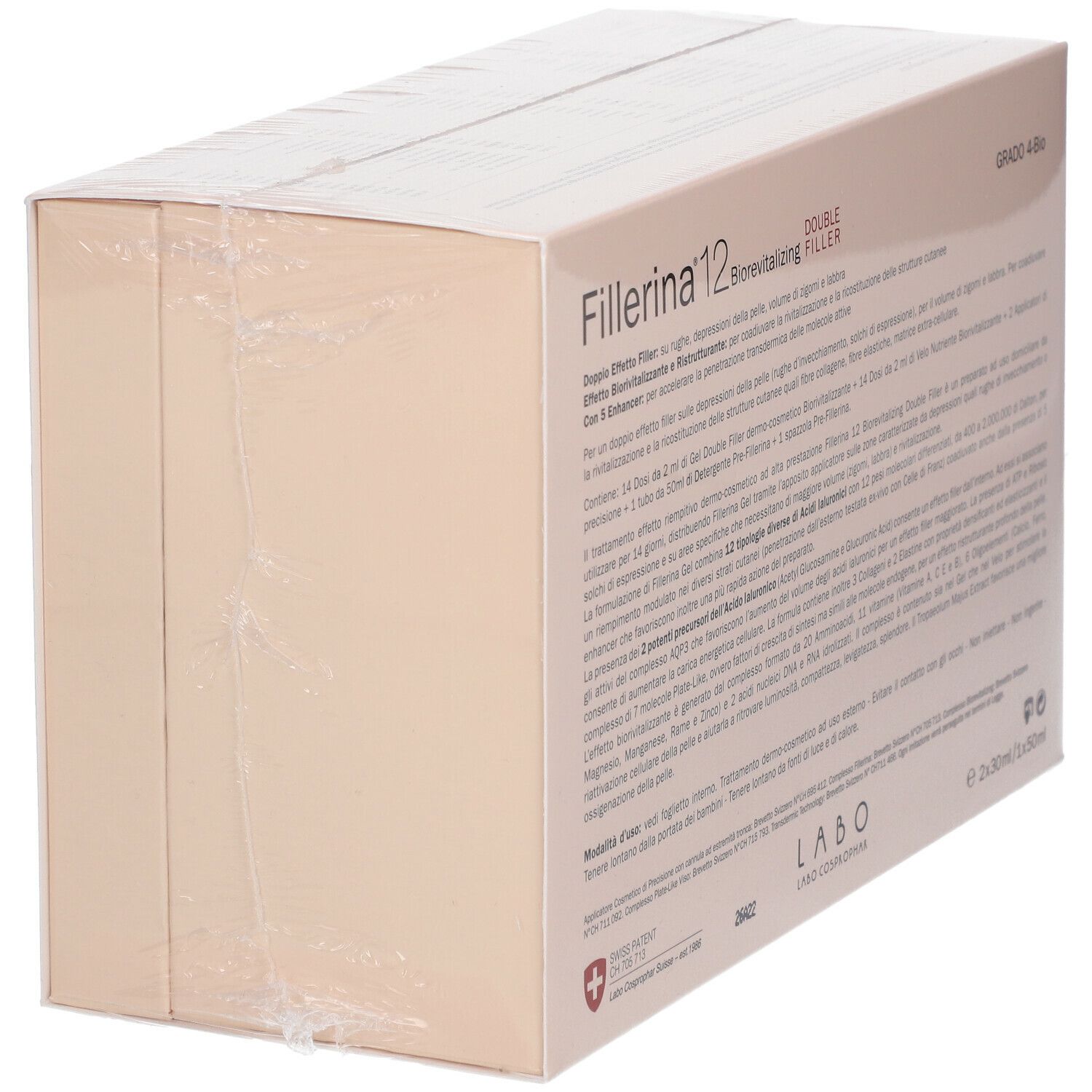 Confezione di Fillerina® 12 Double Filler Biorevitalizing. Scatola beige con testo e nome prodotto. Pellicola trasparente.