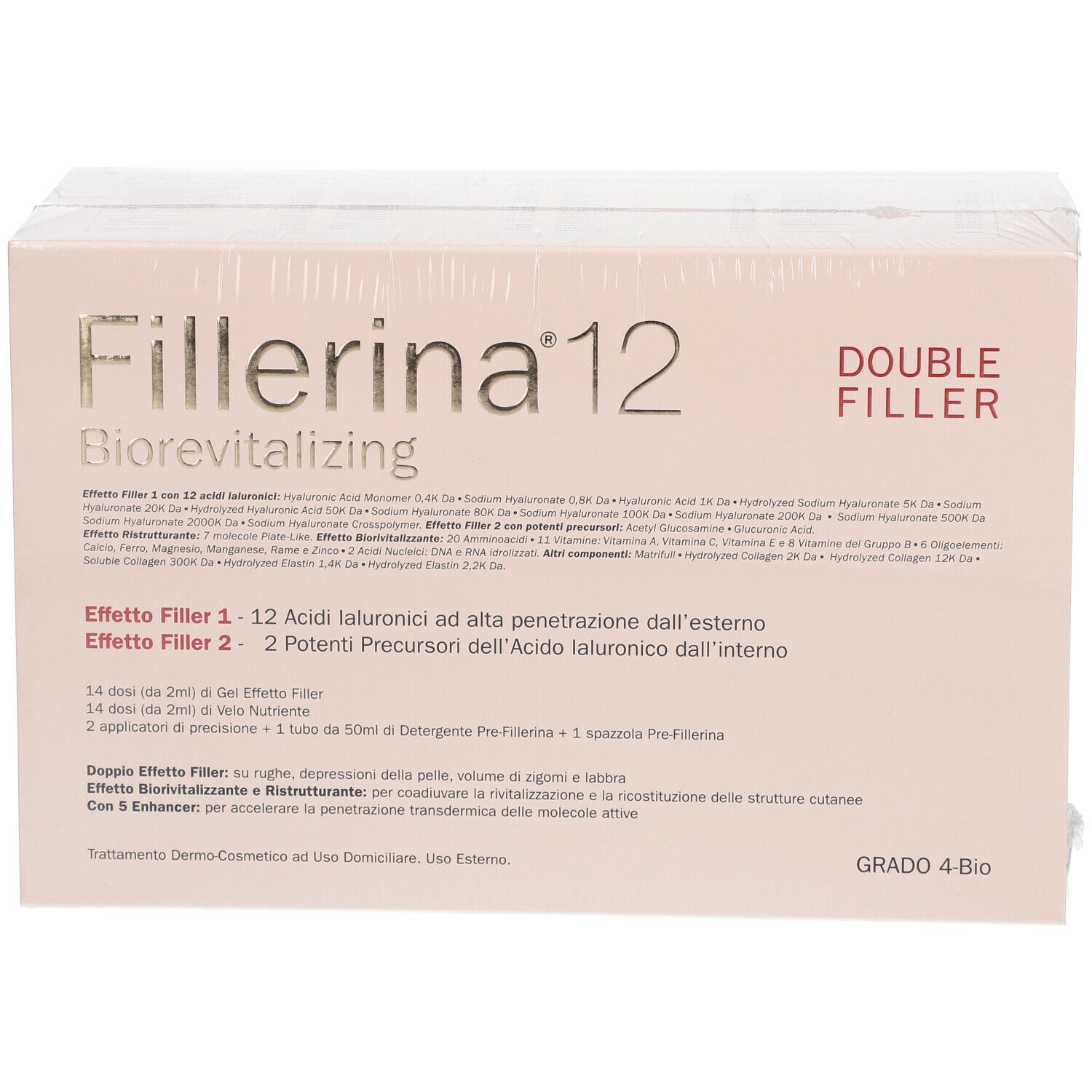 Confezione di Fillerina® 12 Double Filler Biorevitalizing. Scatola beige con testo e nome prodotto. Pellicola trasparente.