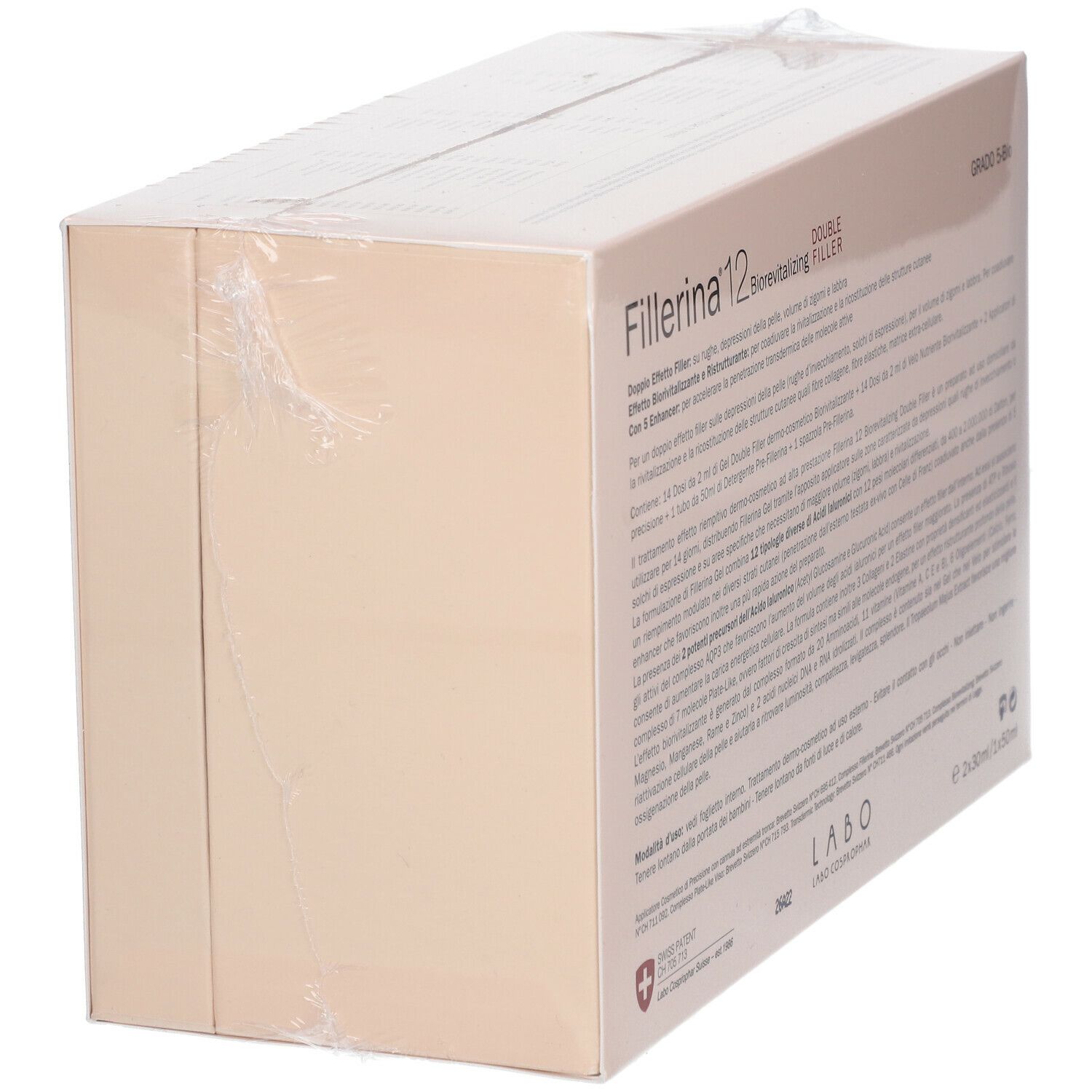 Confezione del prodotto, vista obliqua. Nome del prodotto e testo in italiano. Logo.