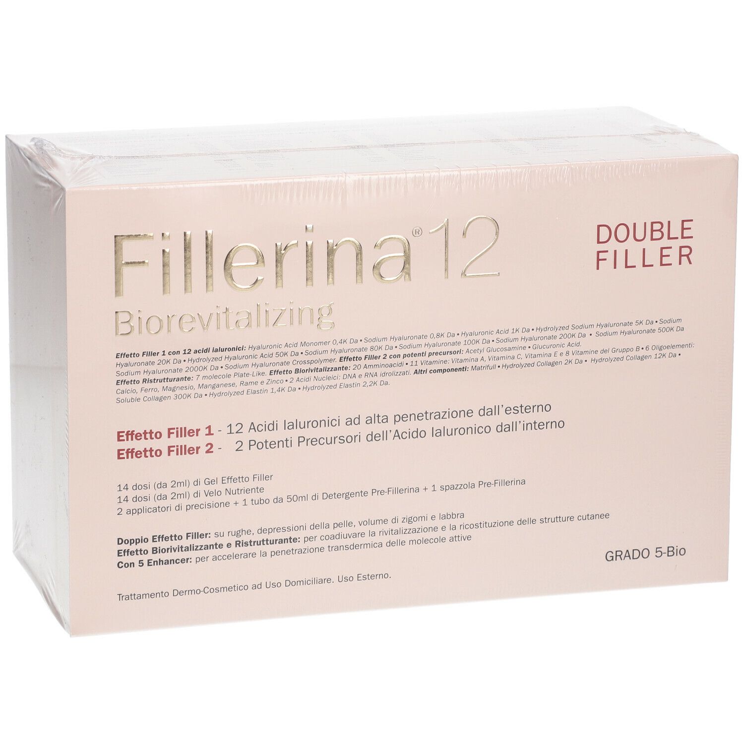 Confezione del prodotto con nome e descrizione. Testo in italiano. "Grado 5-Bio" sulla confezione.