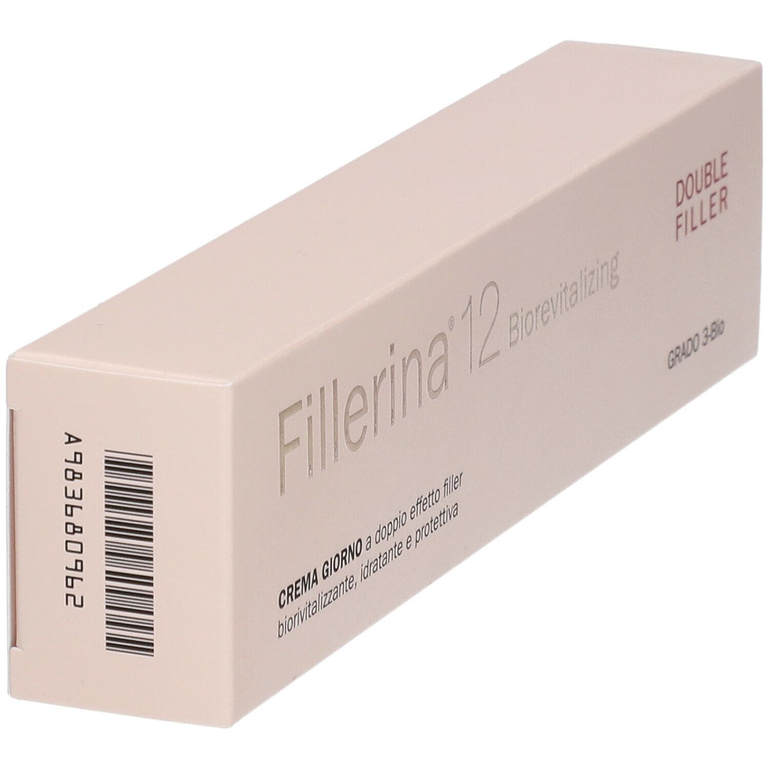 Confezione beige con nome prodotto Fillerina 12, Double Filler e codice a barre. Grado 3-Bio.