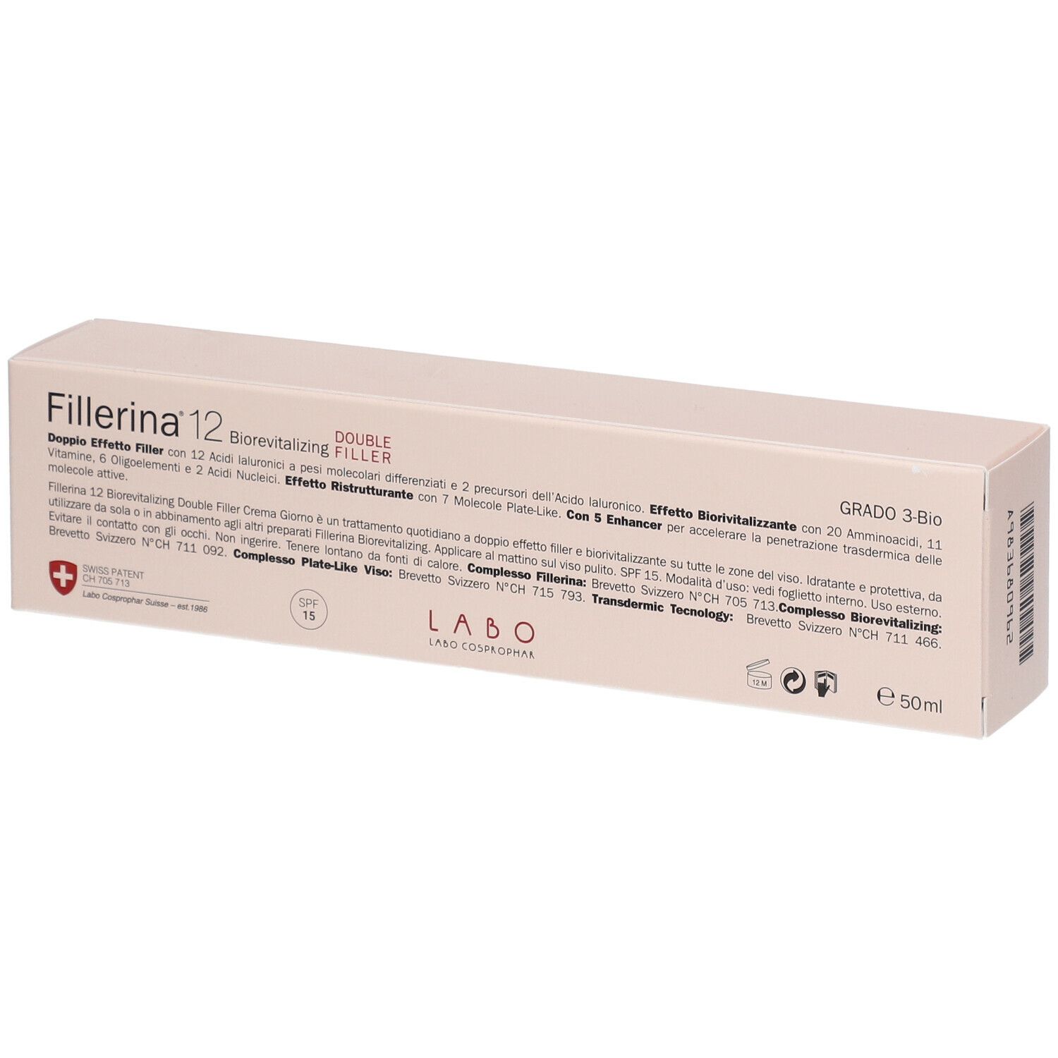 Retro della confezione con nome prodotto Fillerina 12, Double Filler e altri testi. Grado 3-Bio.