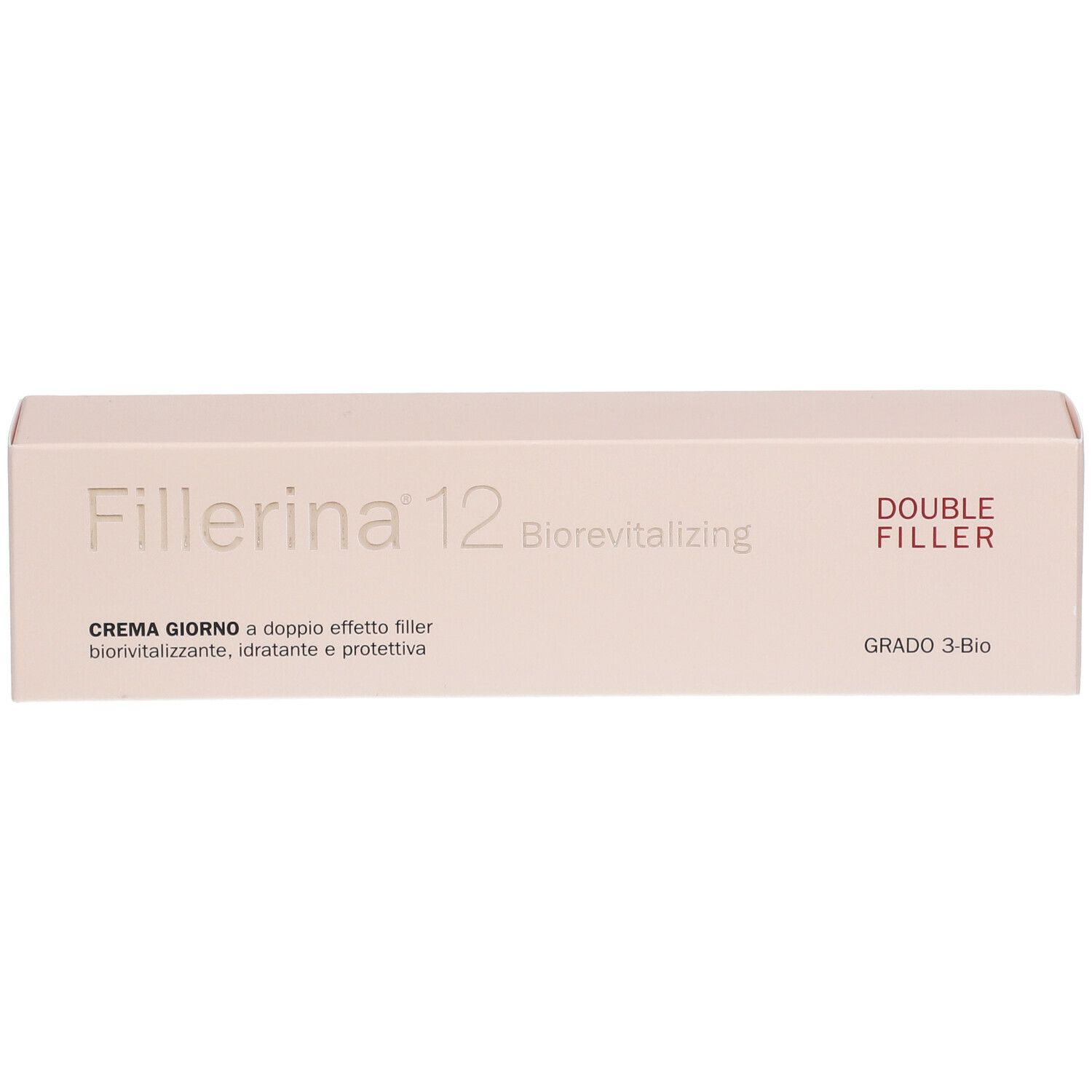Confezione beige con nome prodotto Fillerina 12, Double Filler e altri testi. Grado 3-Bio.
