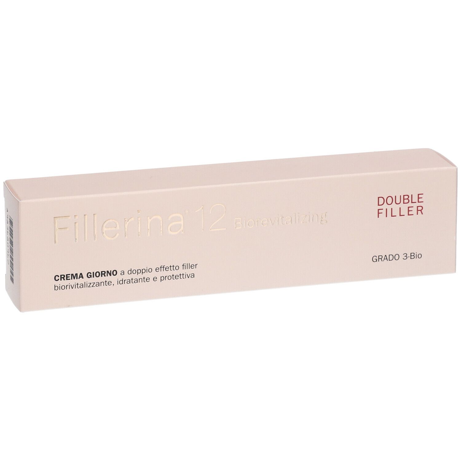 Confezione beige con nome prodotto Fillerina 12, Double Filler e altri testi. Grado 3-Bio.