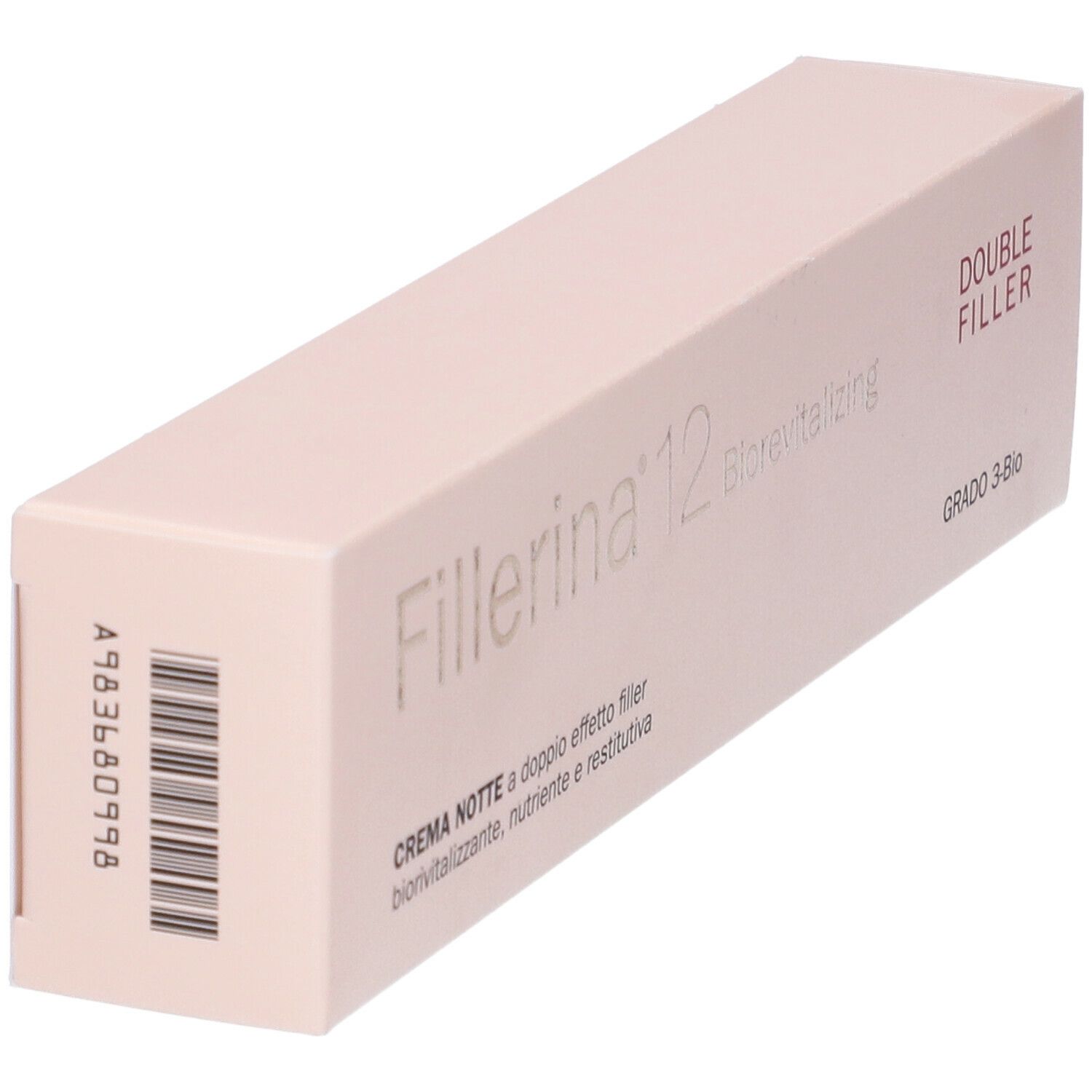 Confezione angolata di Fillerina 12 Biorevitalizing, Double Filler. Codice a barre e scritta: Crema Notte, Grado 3-Bio.
