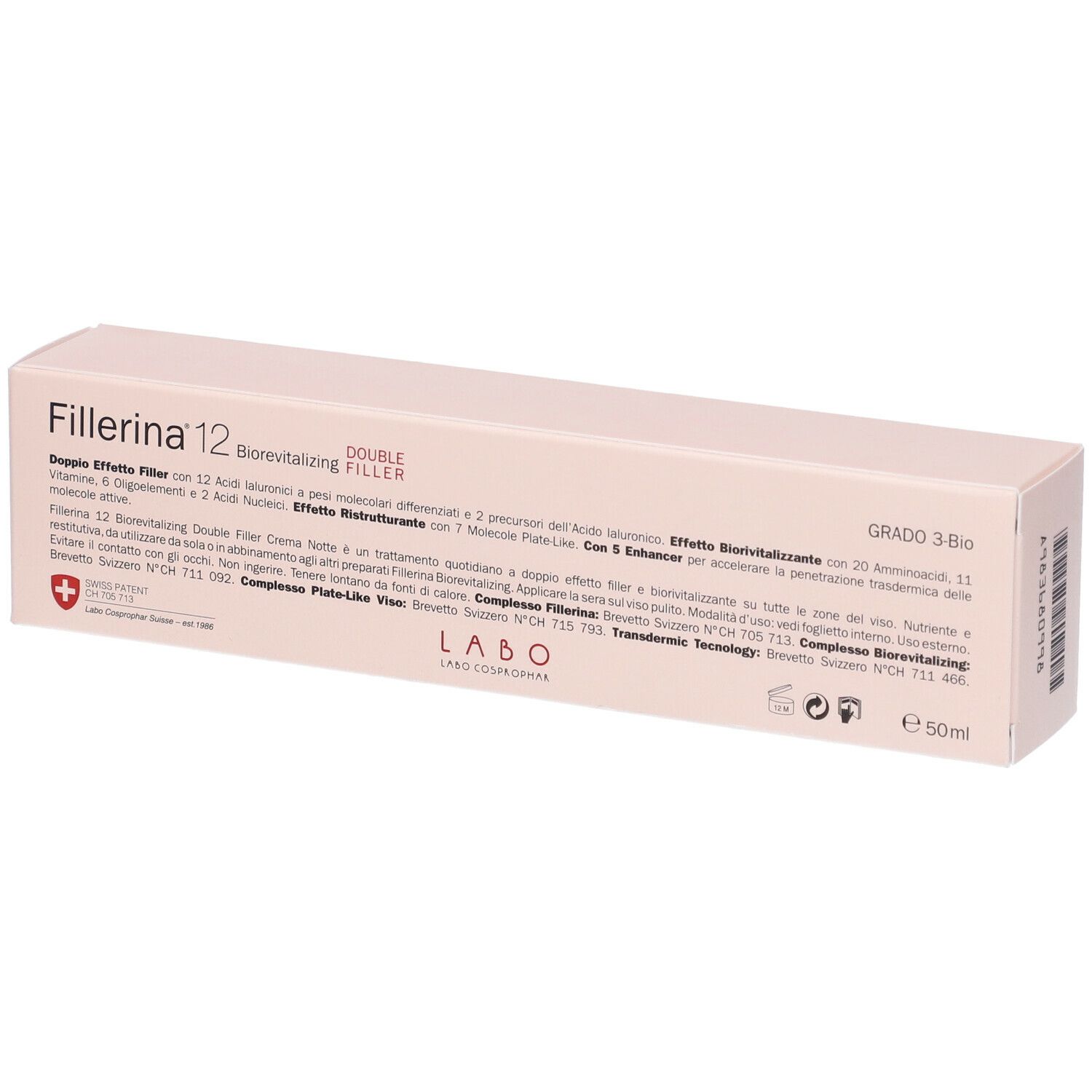 Retro della confezione di Fillerina 12 Biorevitalizing, Double Filler. Informazioni testuali e logo.
