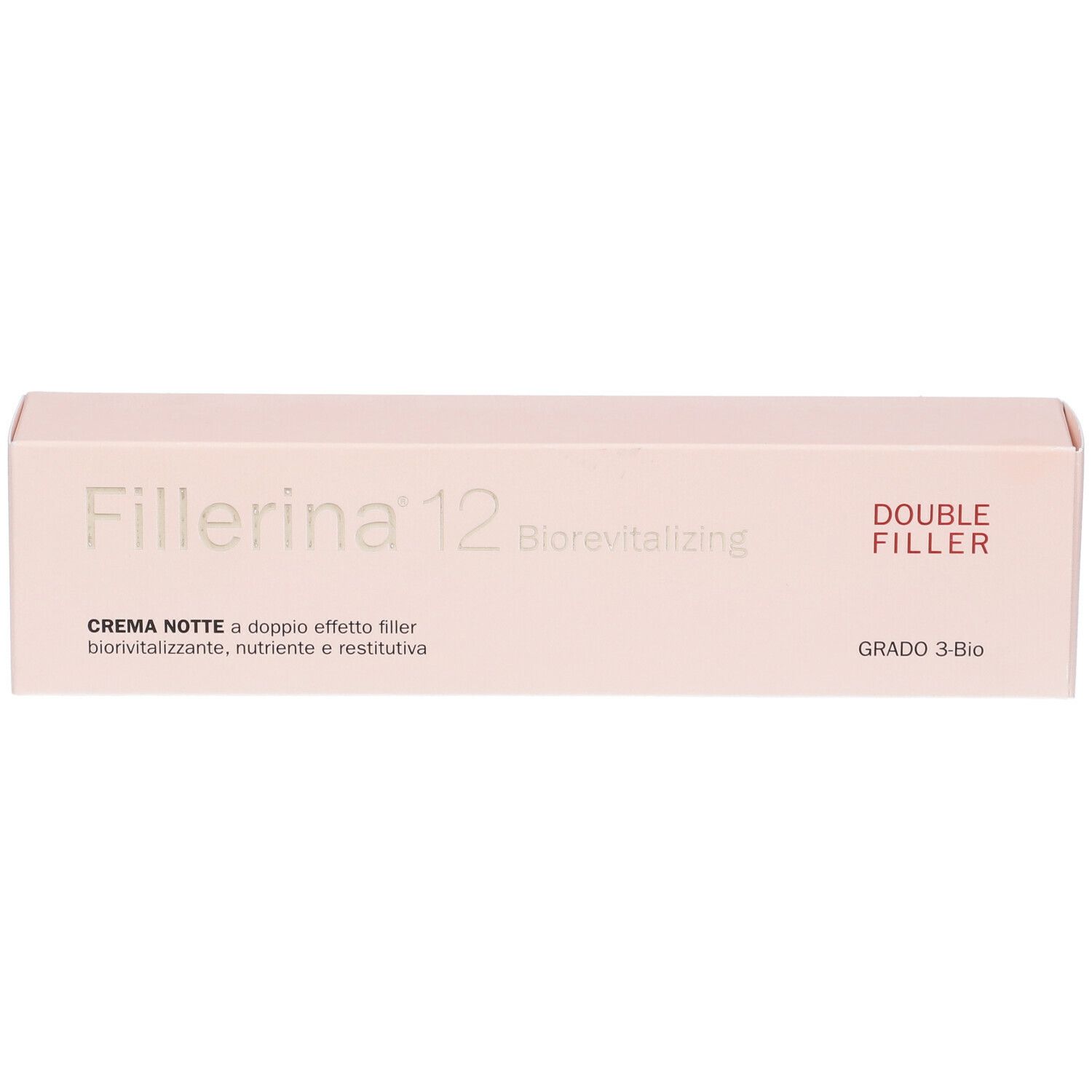Confezione rettangolare di Fillerina 12 Biorevitalizing, Double Filler. Scritta: Crema Notte, Grado 3-Bio.