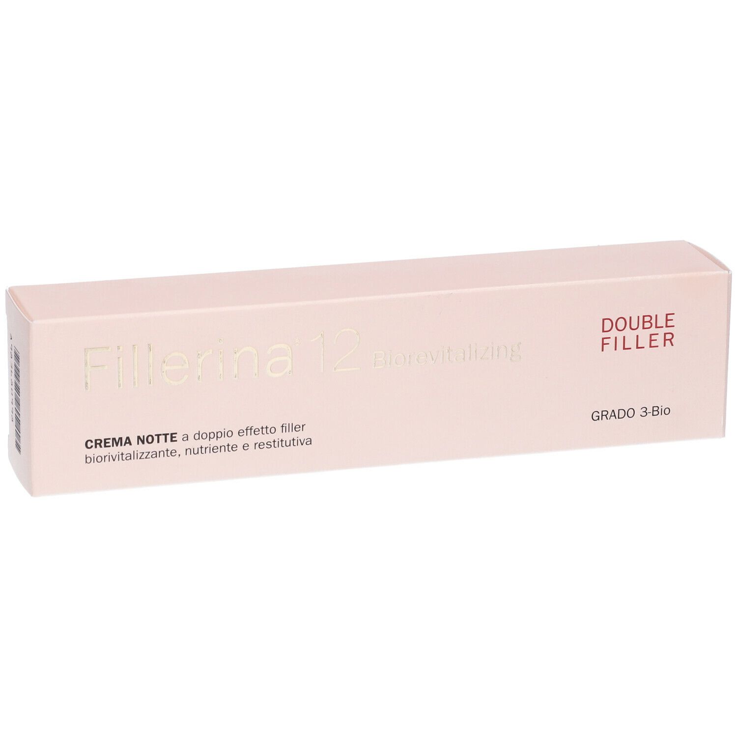 Confezione angolata di Fillerina 12 Biorevitalizing, Double Filler. Scritta: Crema Notte, Grado 3-Bio.