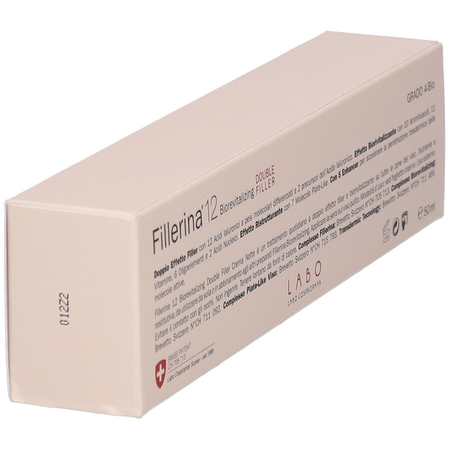 Confezione beige con scritta Fillerina 12, Double Filler e testo. Grado 4-Bio. Con croce svizzera.