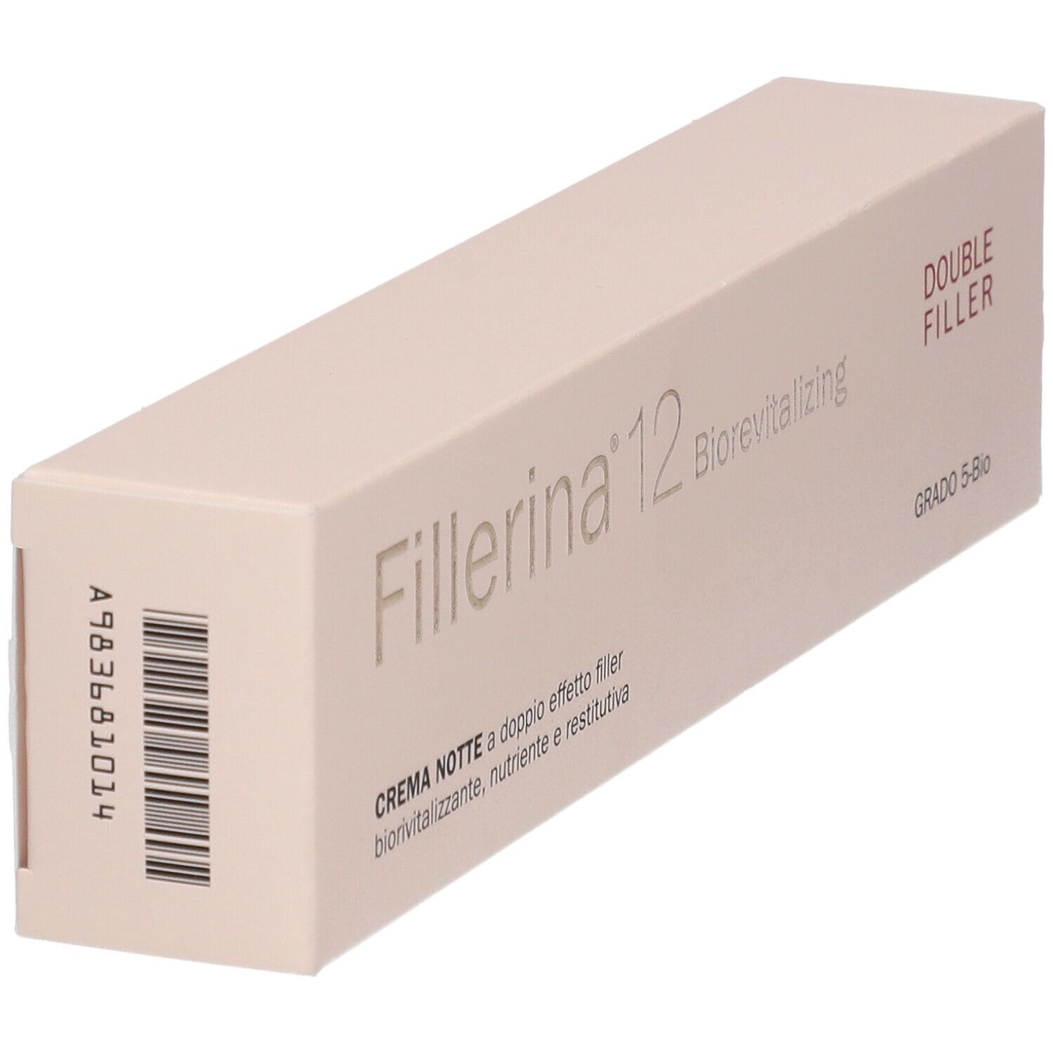 Confezione beige con nome prodotto Fillerina 12, Double Filler e codice a barre. Grado 5-Bio.