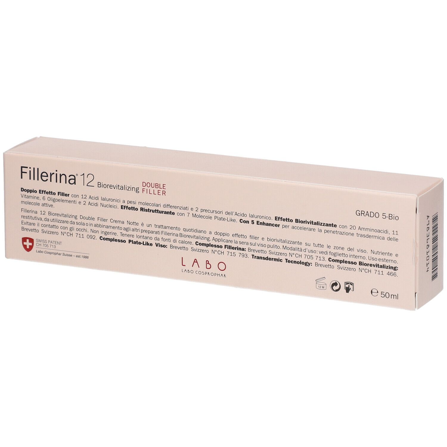 Confezione beige con nome prodotto Fillerina 12, Double Filler e testi. Grado 5-Bio. Testo sul retro.