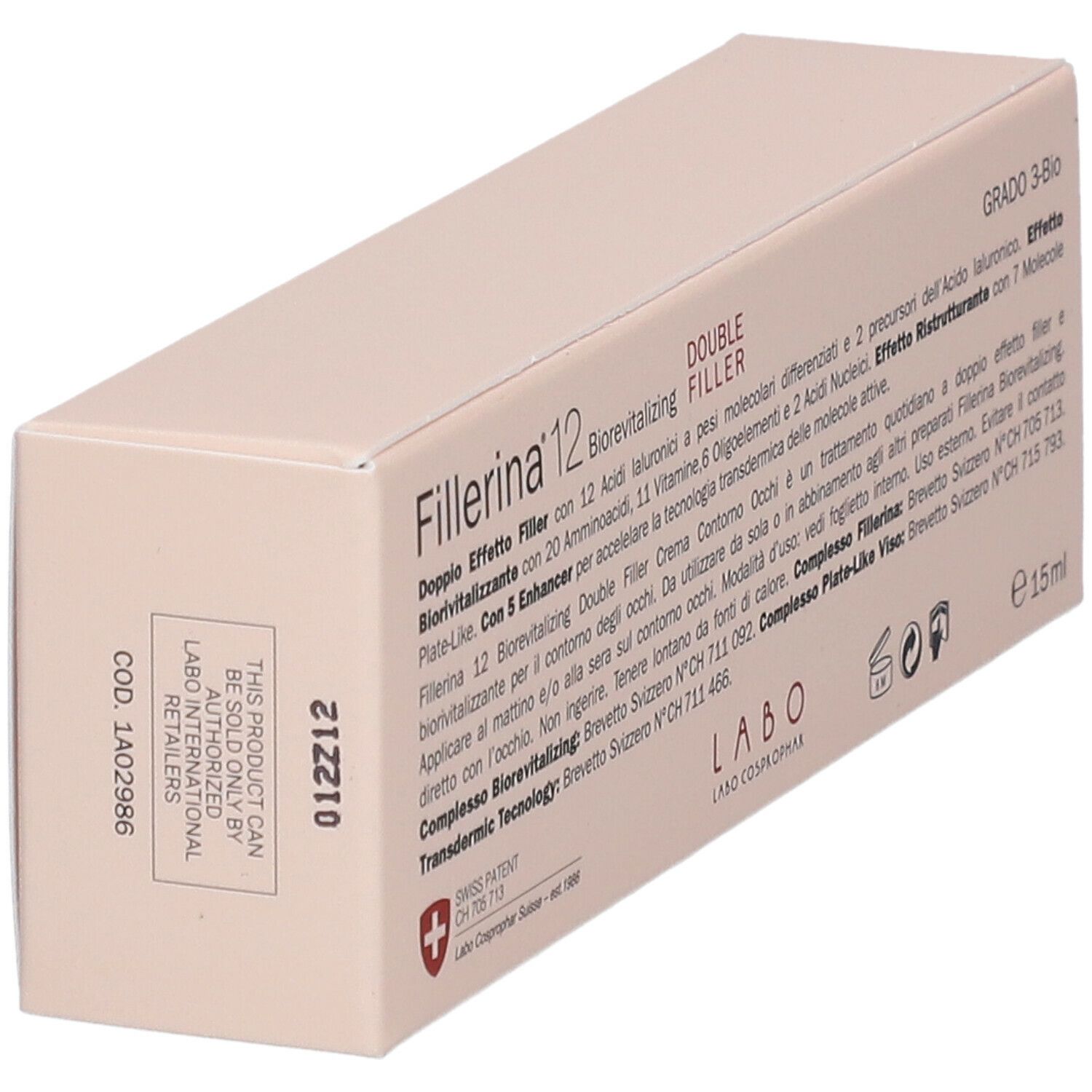 Vista obliqua della confezione Fillerina 12 Biorevitalizing Crema Contorno Occhi. Testo, loghi, Grado 3-Bio, 15ml.