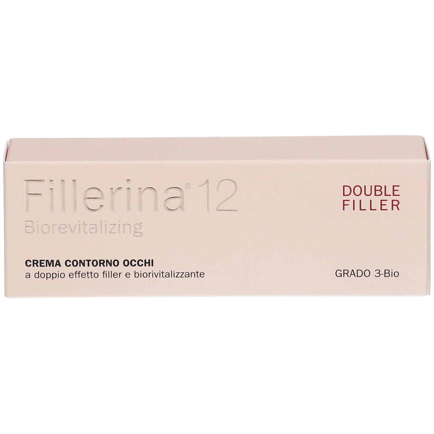 Confezione Fillerina 12 Biorevitalizing Crema Contorno Occhi. Double Filler, Grado 3-Bio. Scatola rettangolare beige.