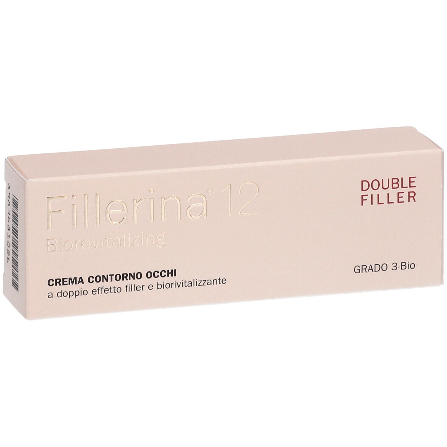 Confezione Fillerina 12 Biorevitalizing Crema Contorno Occhi. Double Filler, Grado 3-Bio. Scatola rettangolare beige.