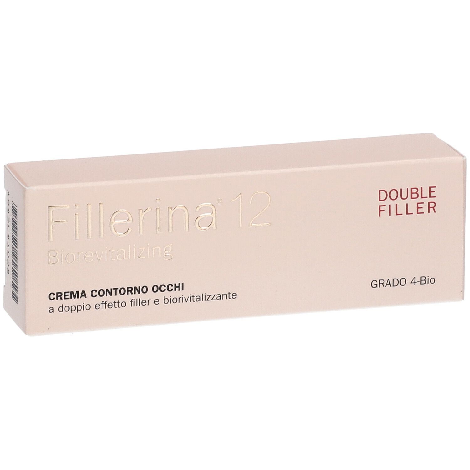 Scatola beige con nome prodotto Fillerina 12, scritta "CREMA CONTORNO OCCHI" e "DOUBLE FILLER".