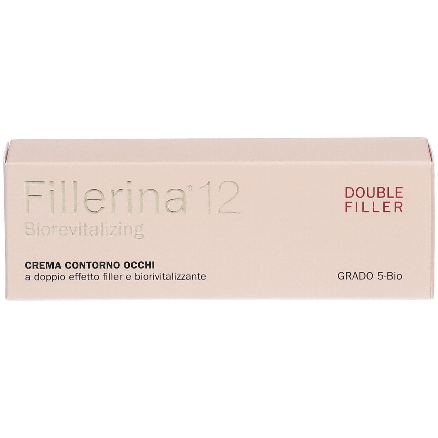Confezione beige con nome prodotto Fillerina 12, scritta 'Crema Contorno Occhi' e 'Grado 5-Bio'.