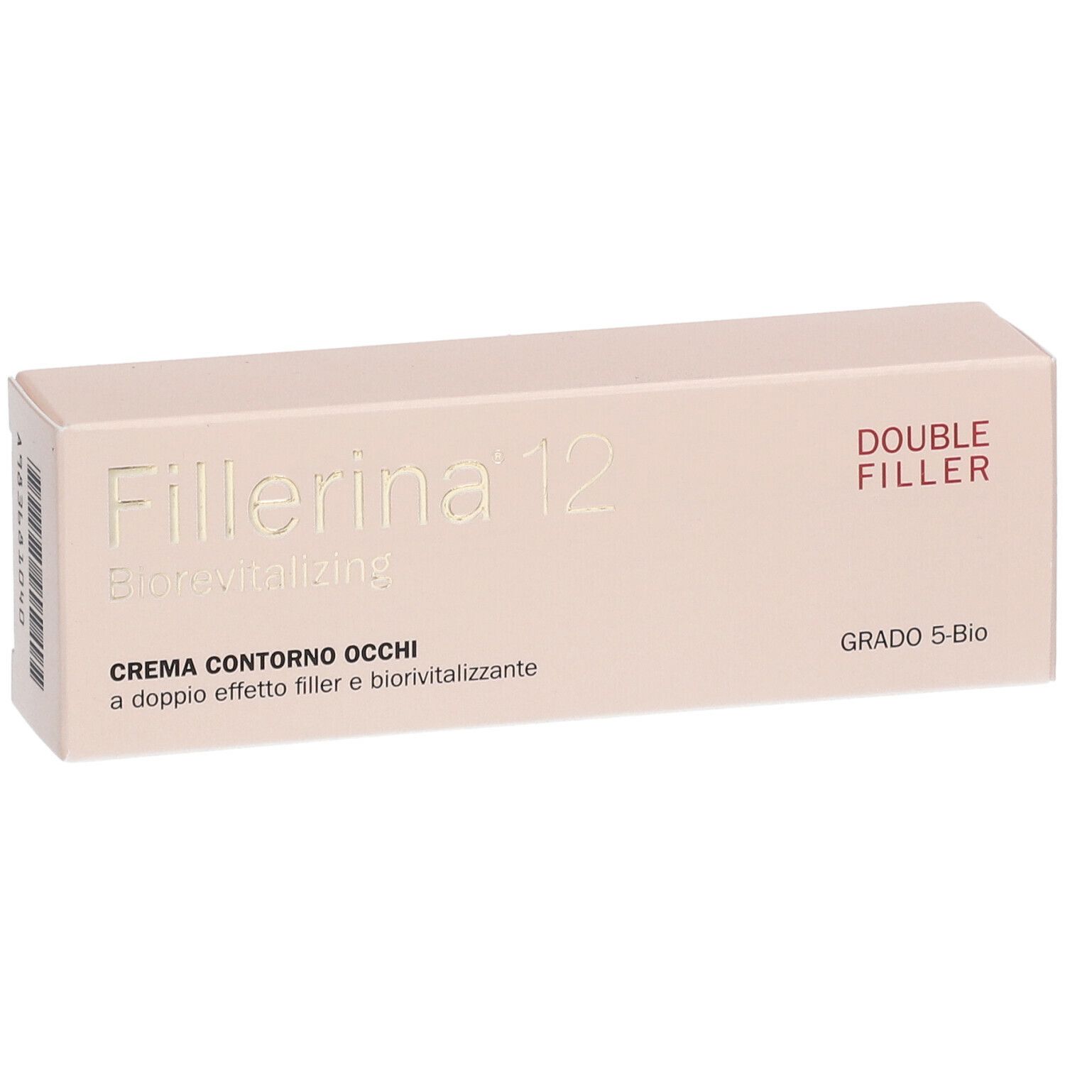 Confezione beige con nome prodotto Fillerina 12, scritta 'Crema Contorno Occhi' e 'Grado 5-Bio'.
