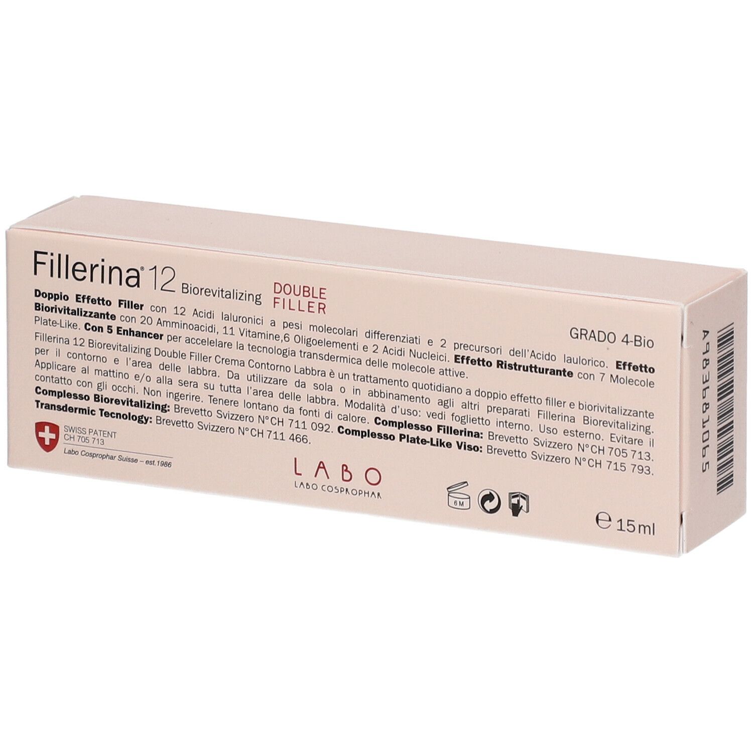 Scatola beige con informazioni sul prodotto e loghi. Testo: "Fillerina 12 Double Filler". Volume: 15ml.
