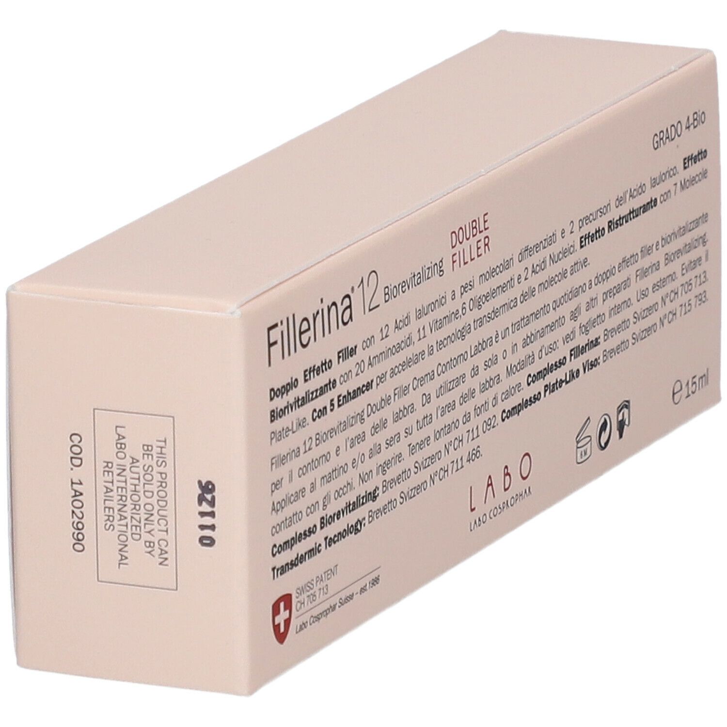 Confezione beige, in diagonale. Informazioni sul prodotto e loghi visibili. Testo: "Fillerina 12 Double Filler". Volume: 15ml.