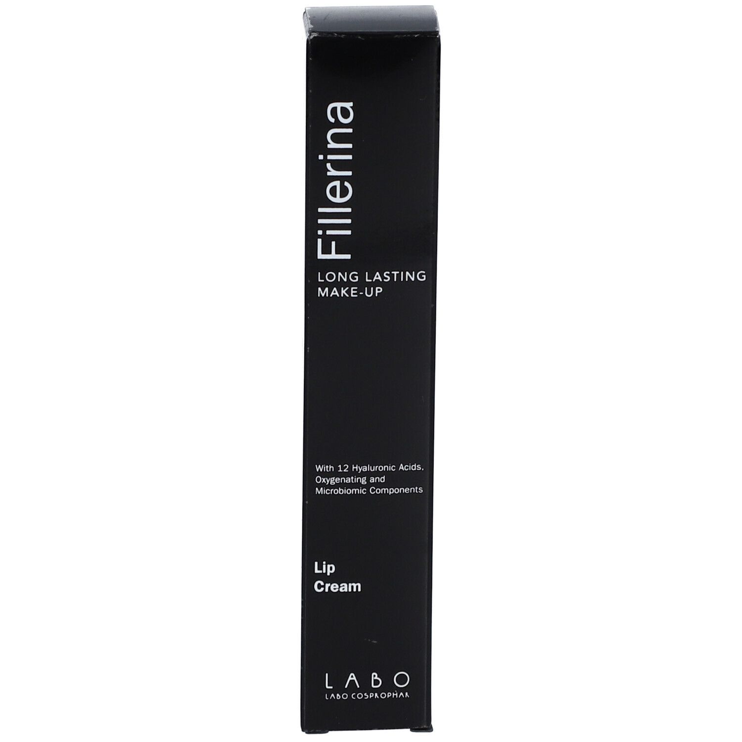 Confezione nera con scritta Fillerina Long Lasting Make-up. Nome prodotto Lip Cream.