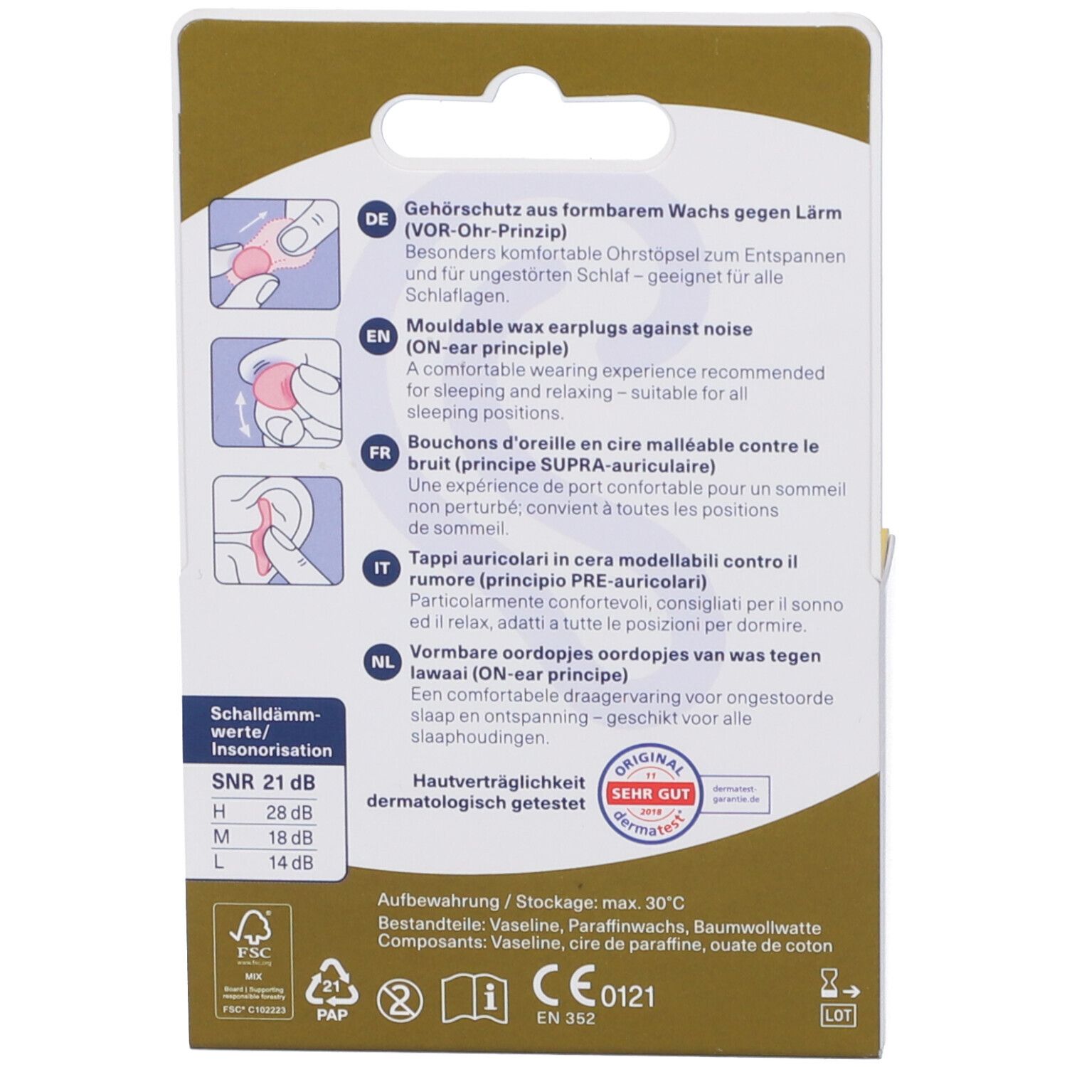 Retro della confezione Ohropax. Testo in tedesco, inglese, francese, italiano e olandese. Illustrazioni.