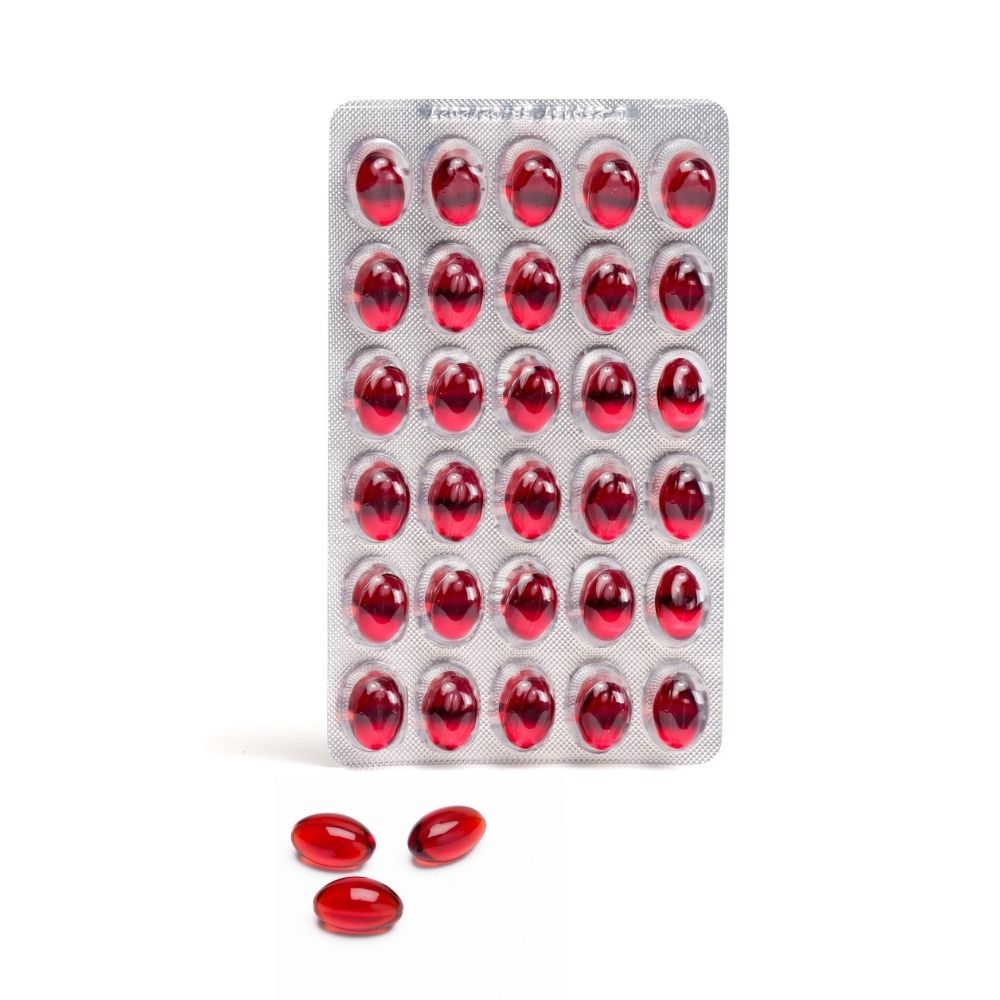 Blister da 30 capsule molli rosse Omegor Krill+D3 e 4 capsule singole.
