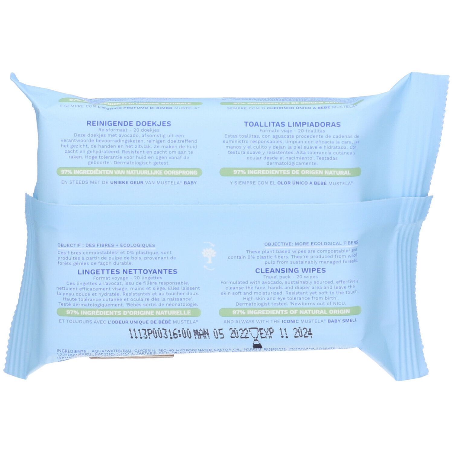 Retro della confezione con testo multilingue. Informazioni sugli ingredienti e il marchio Mustela. Scadenza: 05/2024.