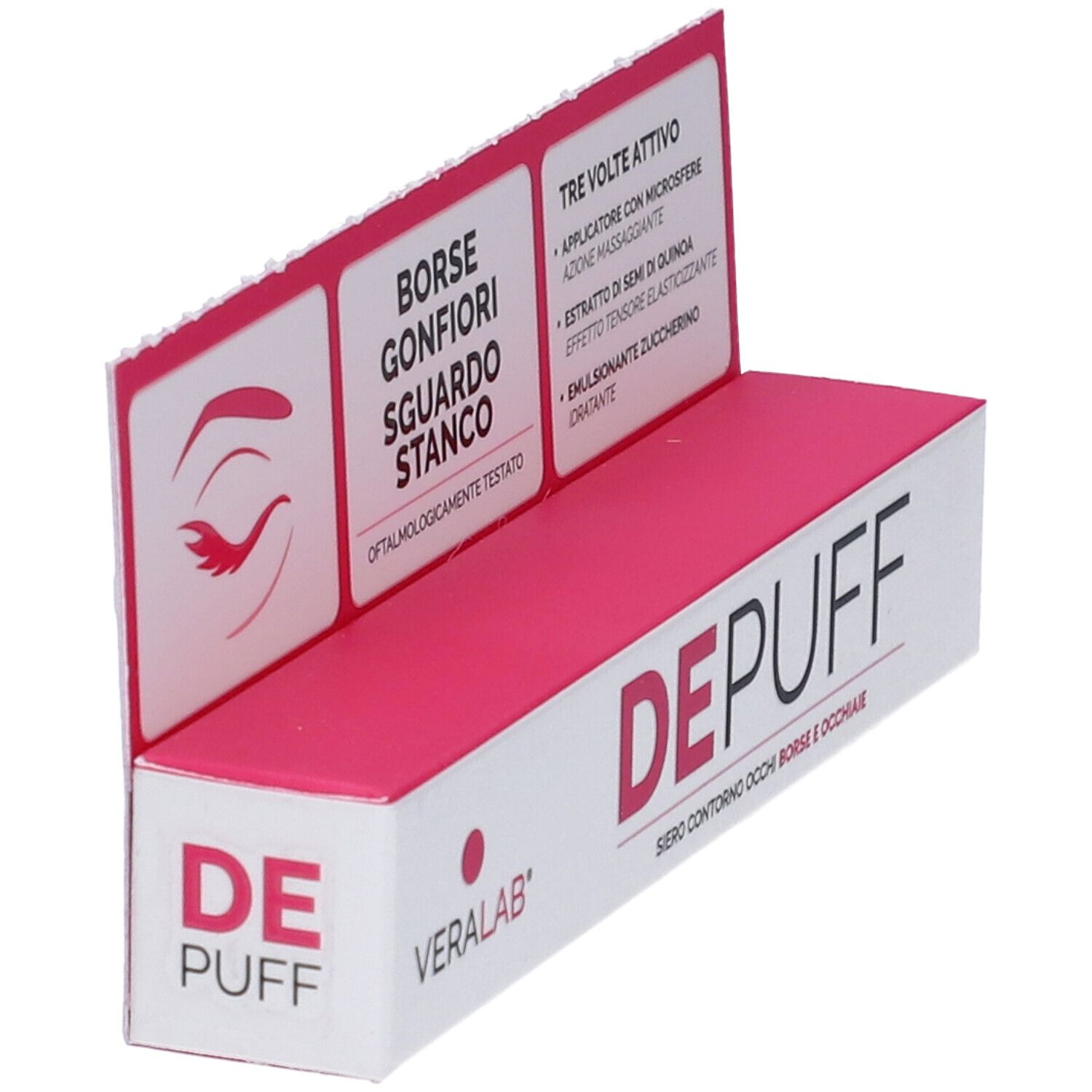 Confezione Veralab Depuff Siero Contorno Occhi. Scatola rosa e bianca con nome prodotto e informazioni.