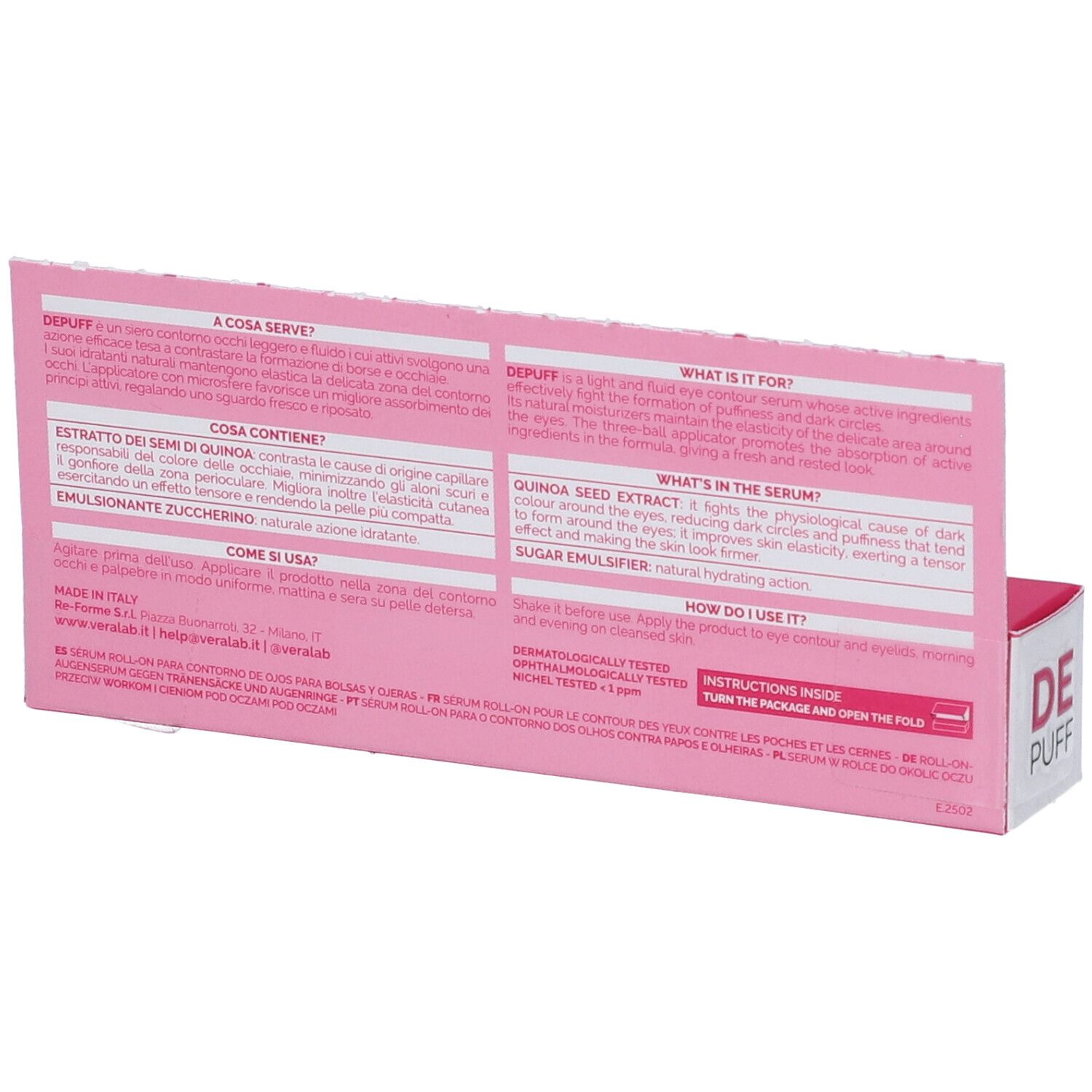 Retro confezione Veralab Depuff Siero Contorno Occhi. Informazioni testuali su sfondo rosa.