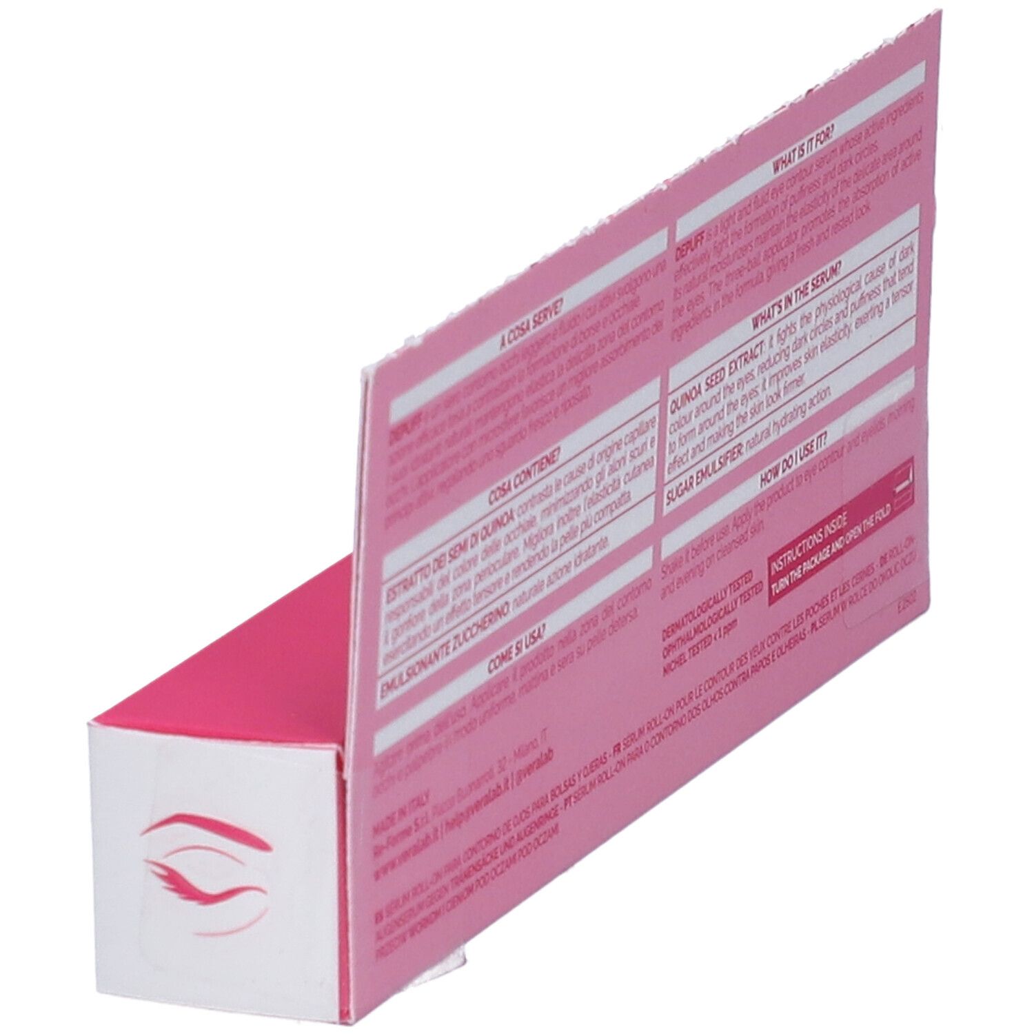 Confezione Veralab Depuff Siero Contorno Occhi. Scatola rosa e bianca con informazioni testuali.