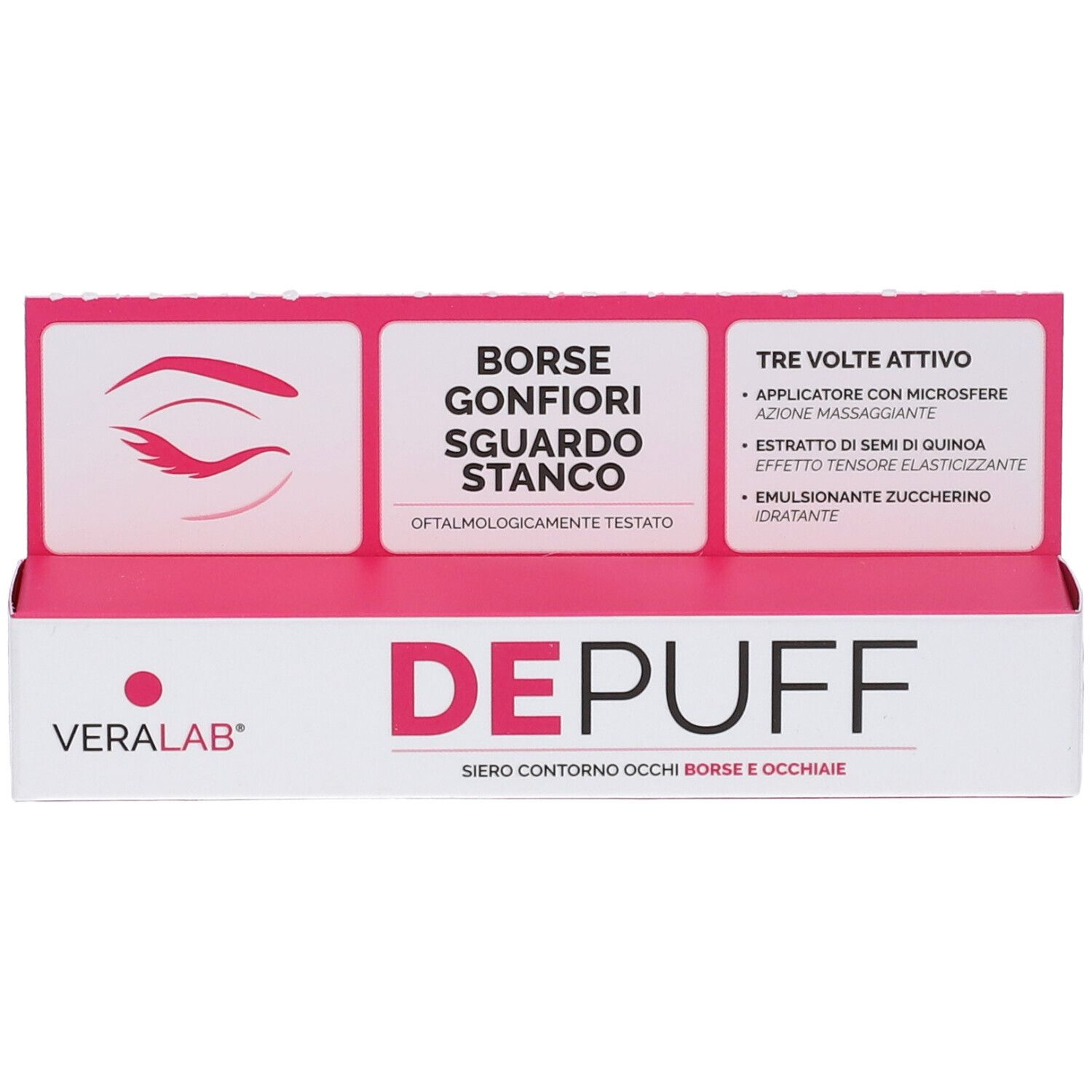 Confezione Veralab Depuff Siero Contorno Occhi. Scatola rosa e bianca con informazioni prodotto.