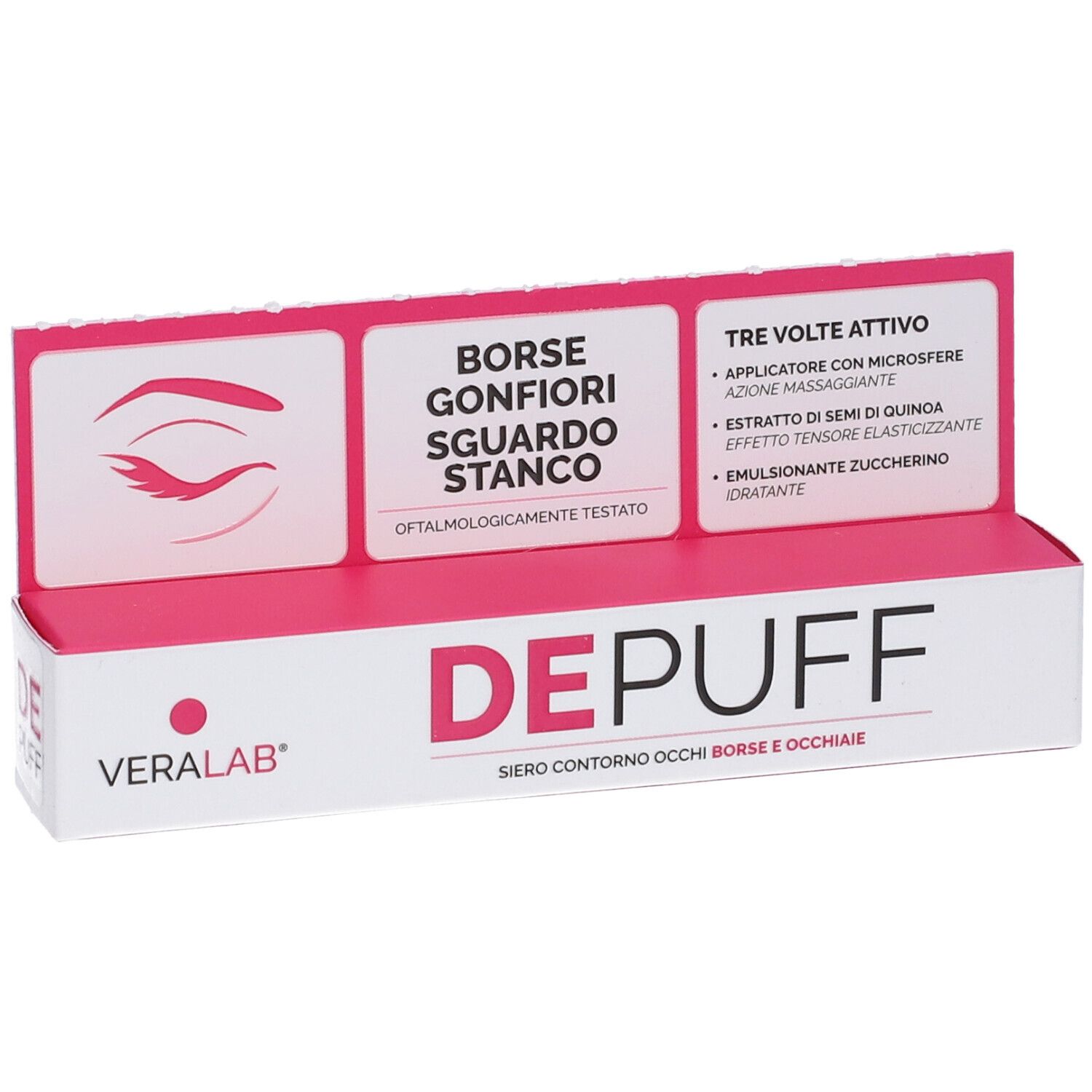 Confezione Veralab Depuff Siero Contorno Occhi. Scatola rosa e bianca con informazioni prodotto.