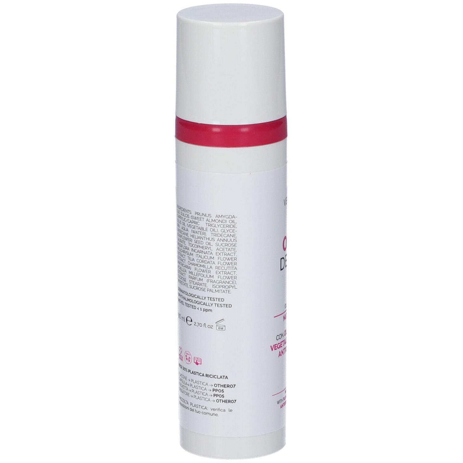 Flacone bianco con dettagli rosa. Ingredienti e informazioni. Dermatologicamente testato.