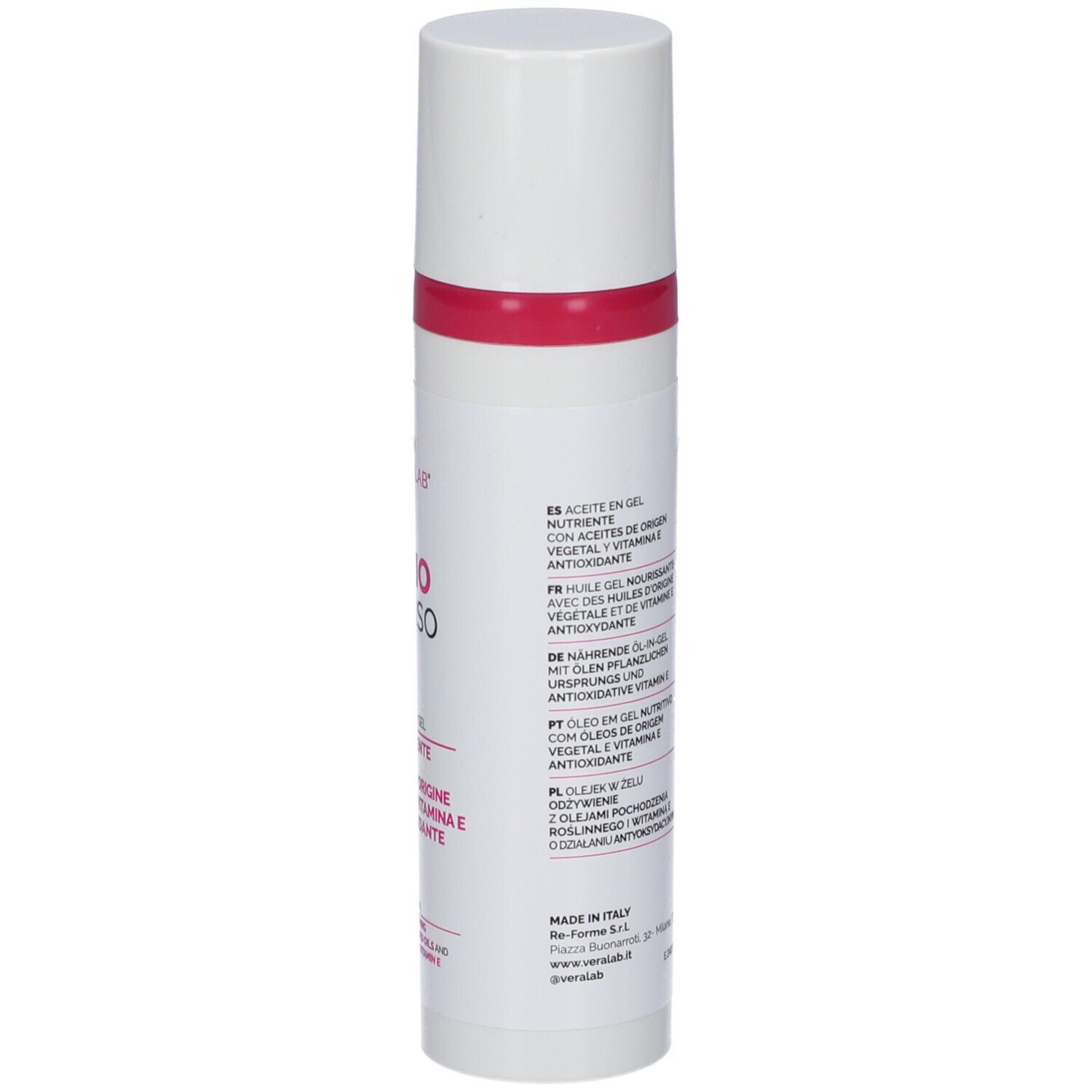 Flacone bianco con dettagli rosa. Testo multilingue: Olio Denso, Nutriente, con oli vegetali e vitamina E.