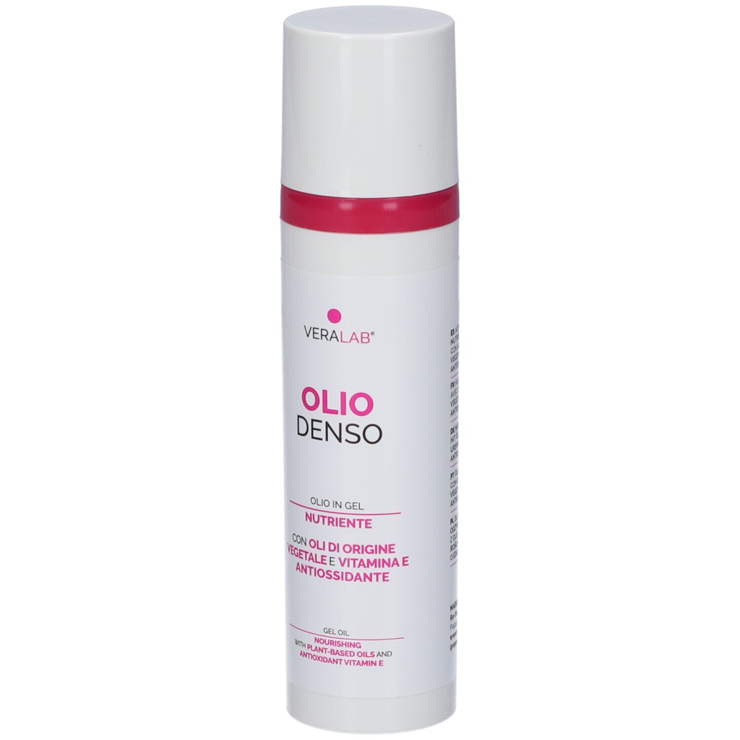 Flacone bianco con dettagli rosa. Testo: Veralab, Olio Denso, Olio in Gel, Nutriente, con oli vegetali e vitamina E.