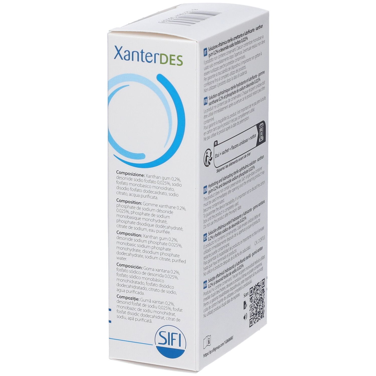 XanterDES: lato della confezione con composizione in più lingue.