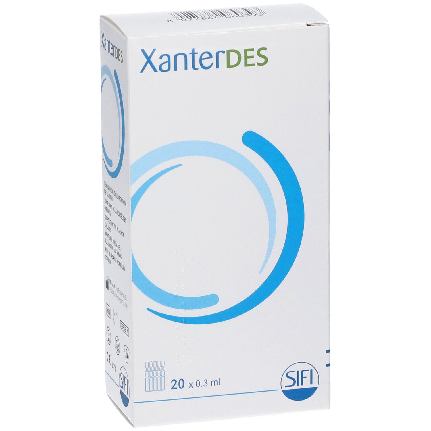 XanterDES: confezione da 20 flaconcini monodose da 0,3 ml e logo SIFI.