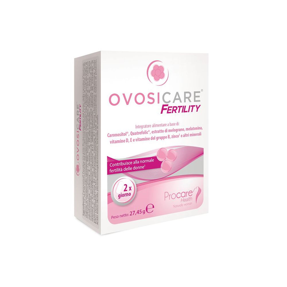 Confezione Ovosicare Fertility. Bianca con dettagli rosa. Testo: Ovosicare Fertility, 2x giorno, Procare Health. Contenuto: 27,45g.