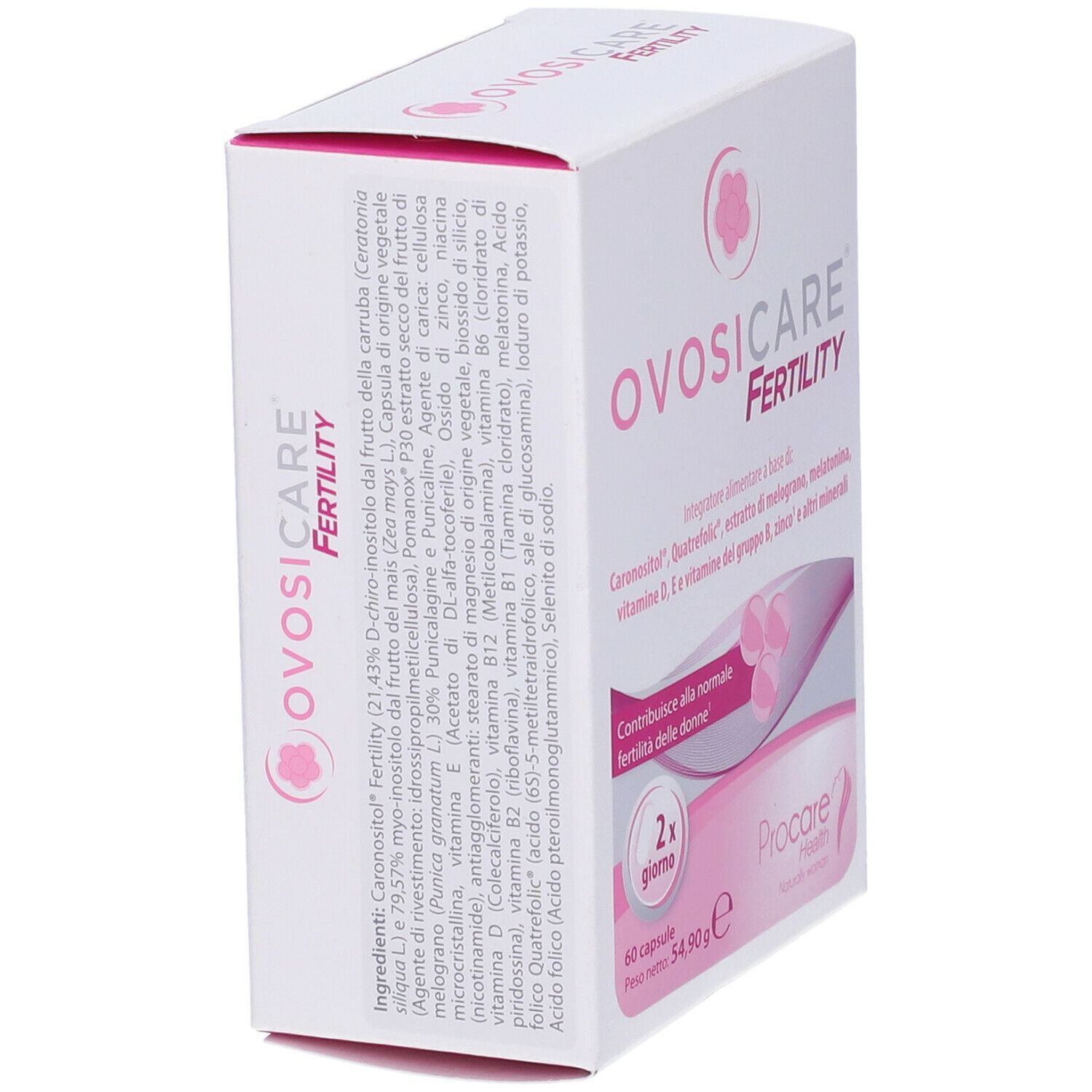 Scatola Ovosicare Fertility. Lista ingredienti. Contiene Caronositolo, melatonina, vitamine e minerali.